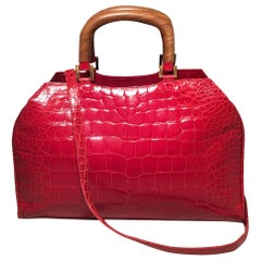 Lana Marks Red Crocodile Wood Handle Handbag