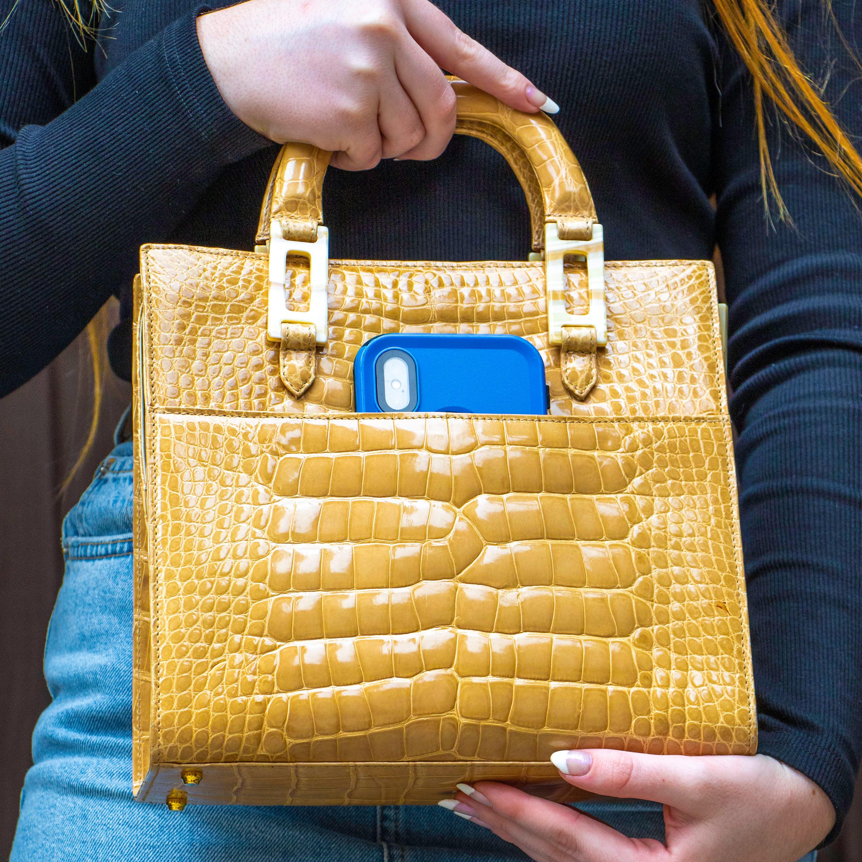 Lana Marks Tan Crocodile Handbag In Excellent Condition For Sale In Carlsbad, CA