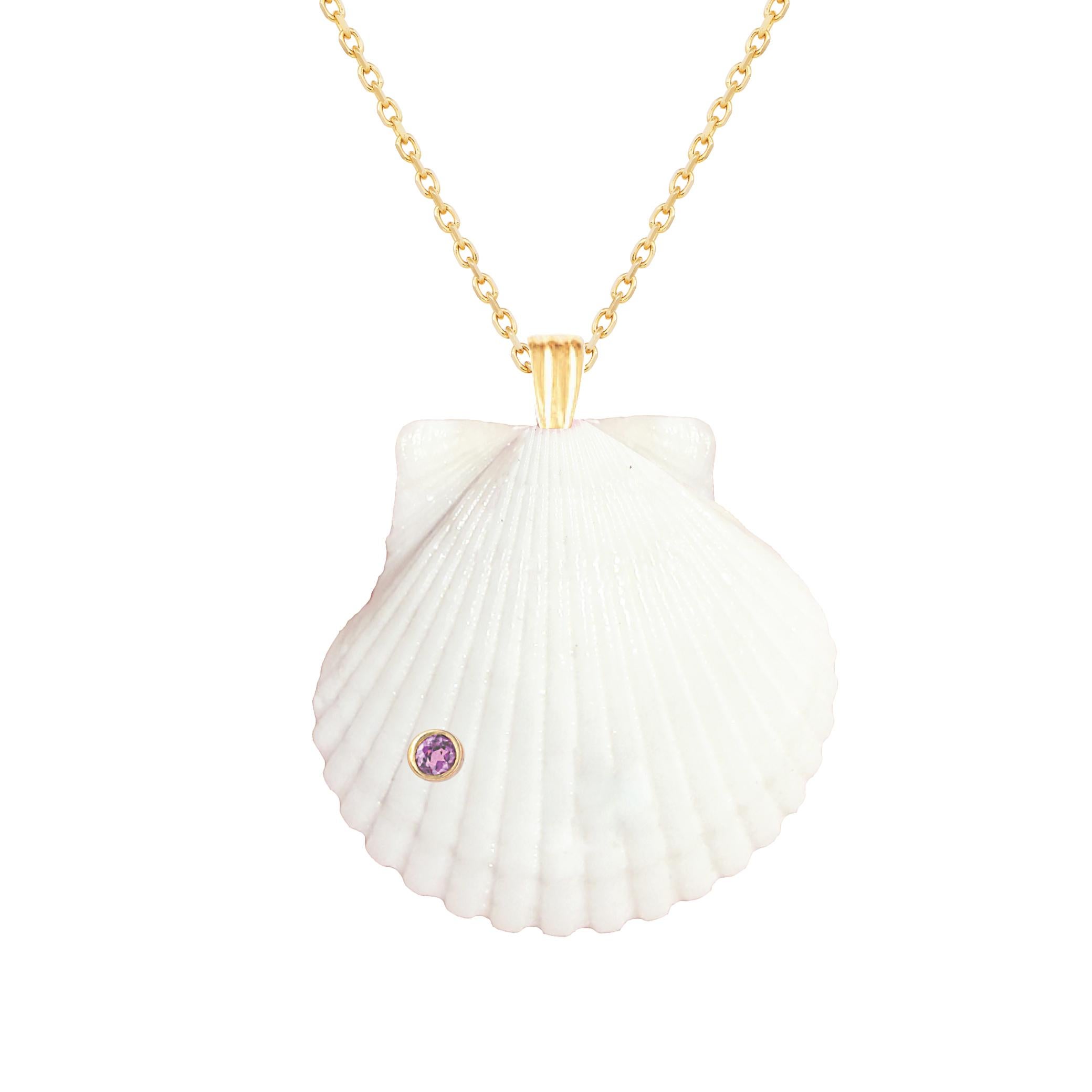 Natural shell pendant with solid 14k gold findings and natural amethyst gemstone. Wear this pendant alone or layer it with other gold chains for a beautiful layered effect.  

Order includes one shell pendant, exactly as depicted in primary image.