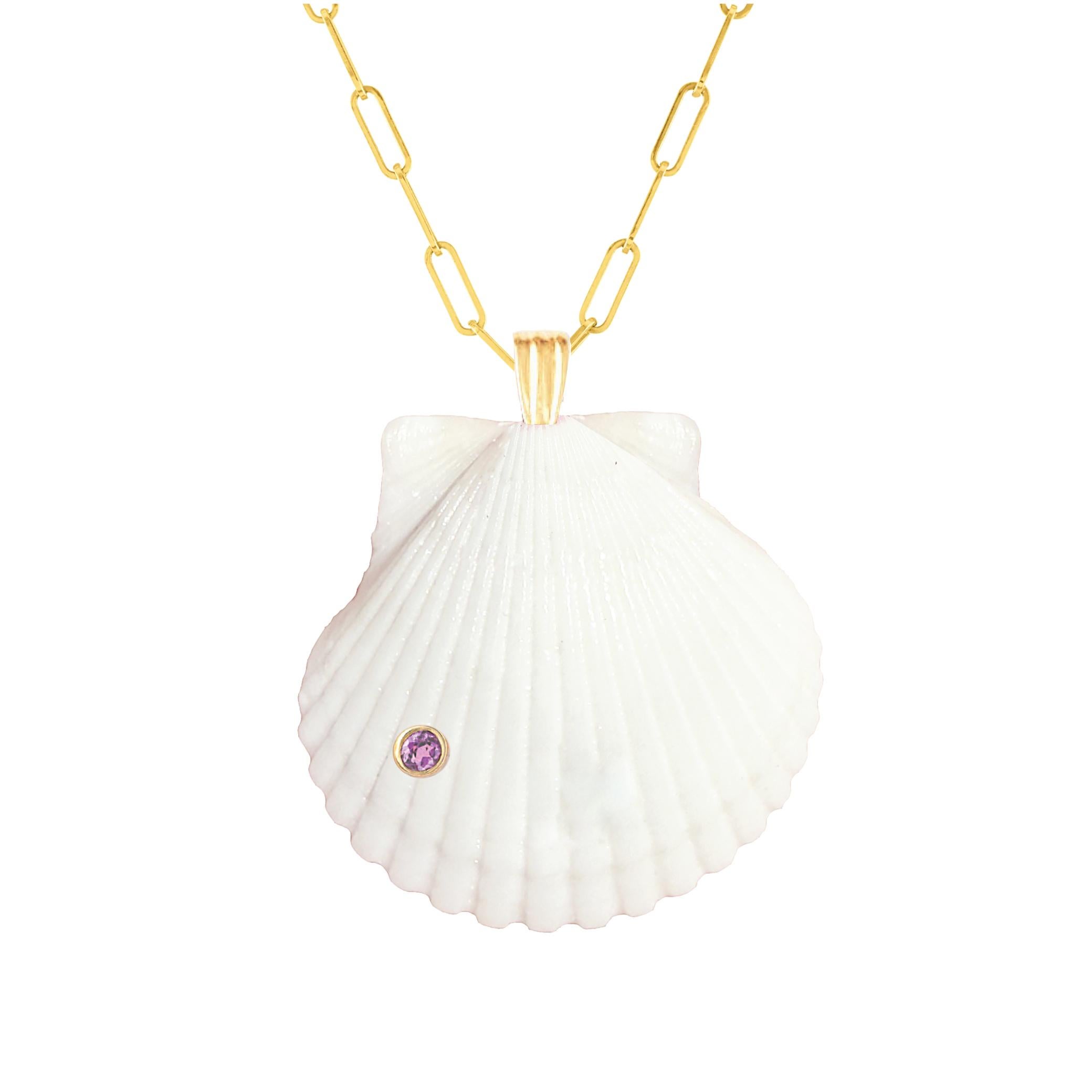 Round Cut Lana Natural Shell Pendant with 14k Gold and Natural Amethyst Gemstone For Sale