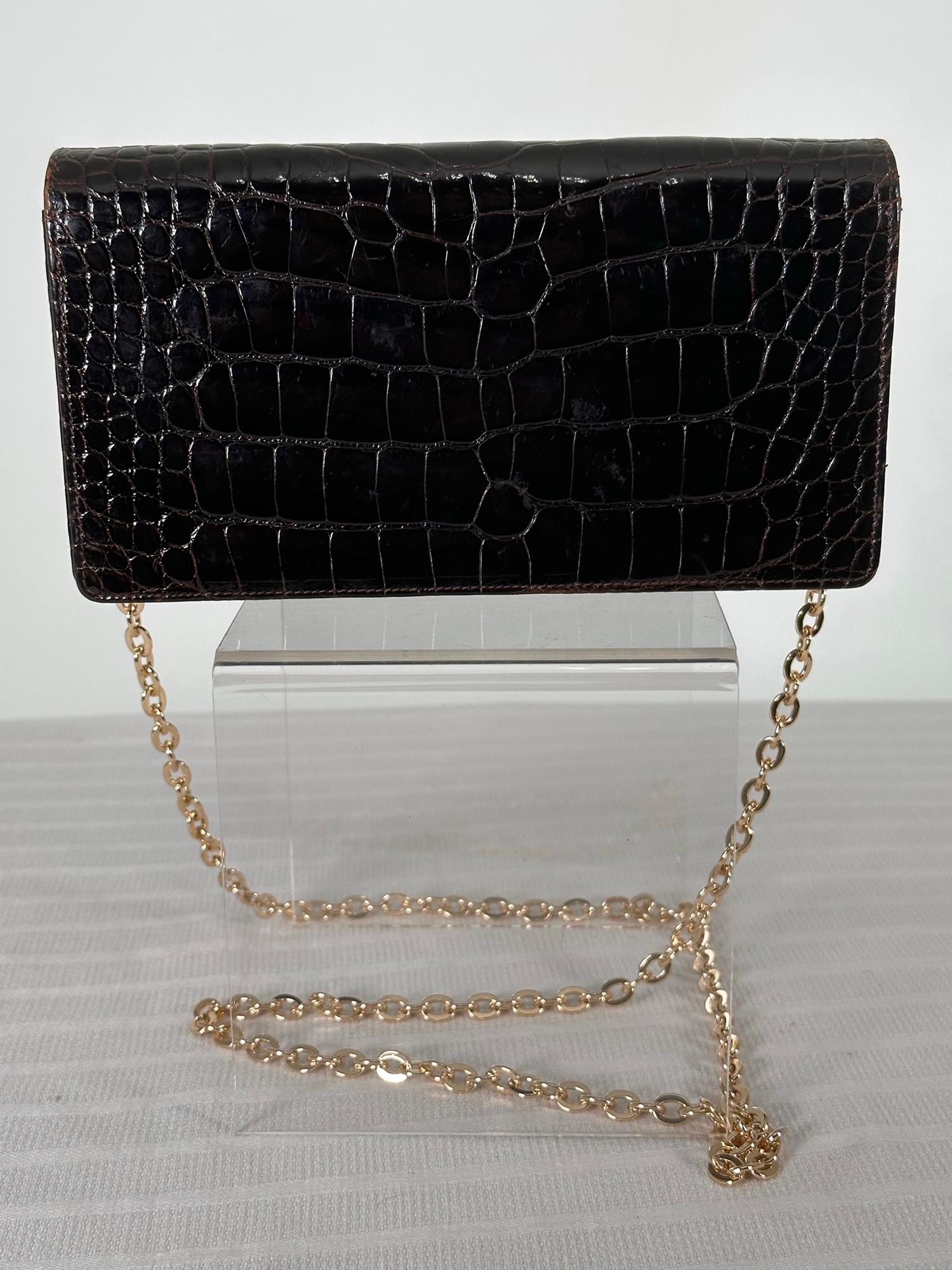 Black Lana of London Dark Chocolate Brown Alligator Clutch  Shoulder Bag  For Sale