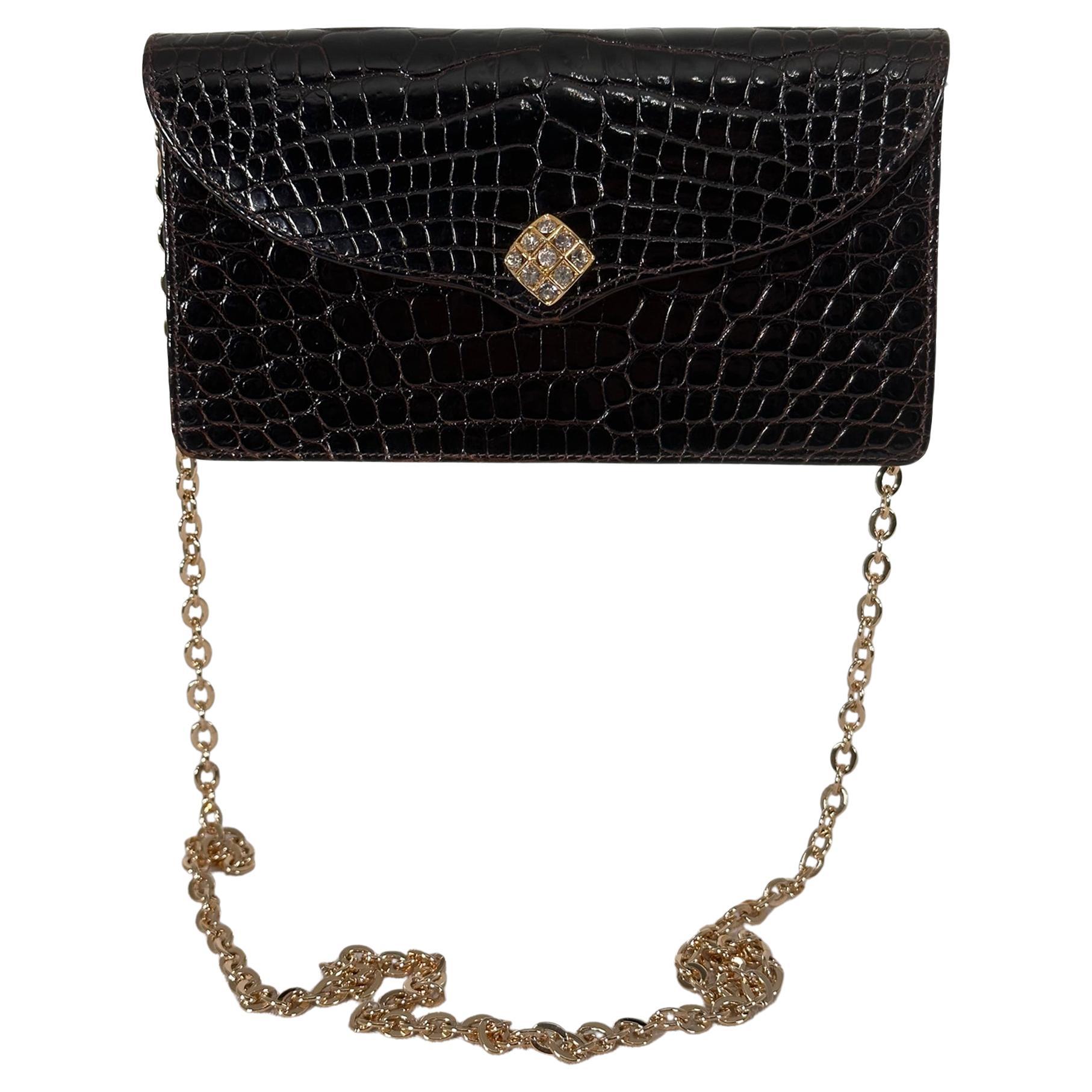Lana of London Dark Chocolate Brown Alligator Clutch  Shoulder Bag  For Sale