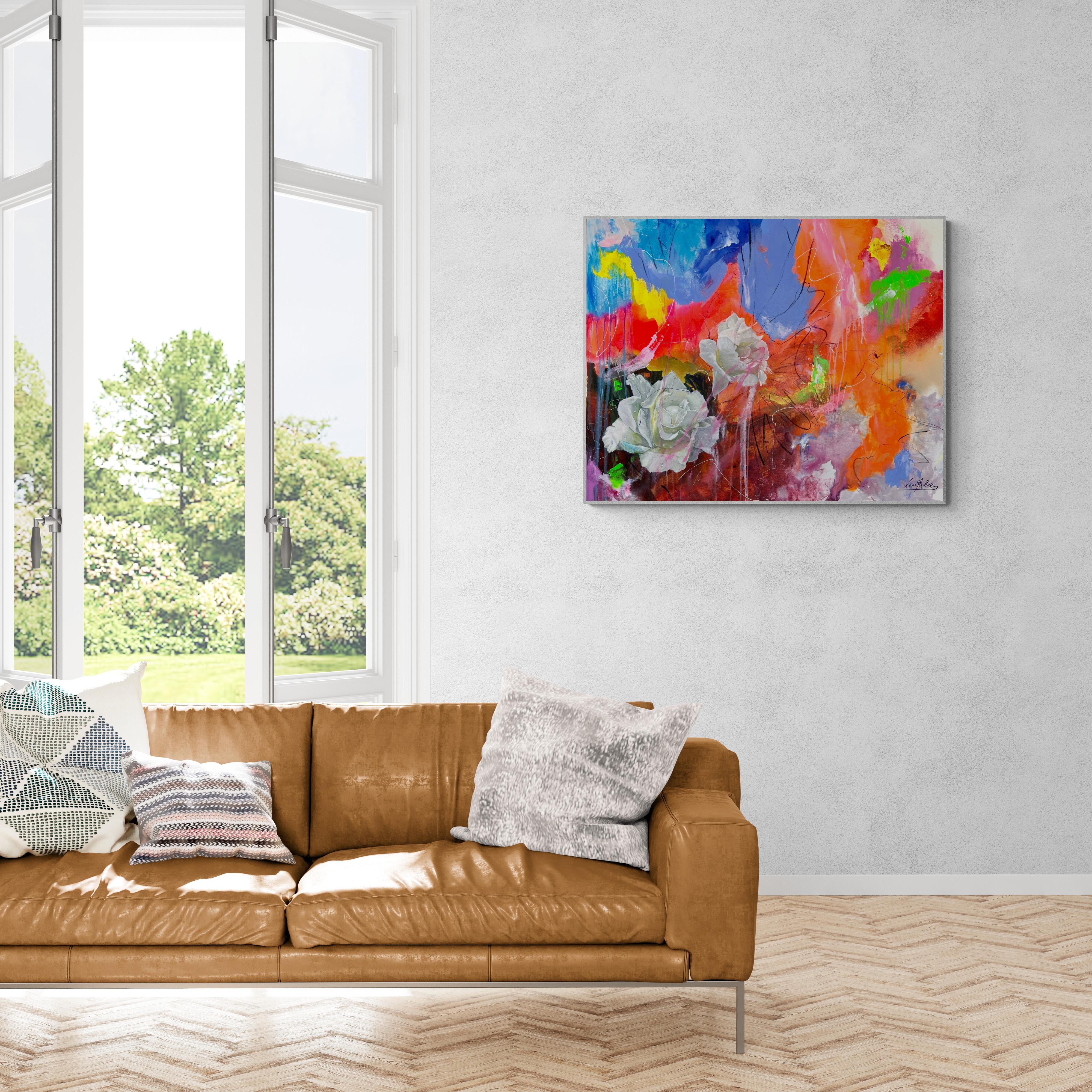 Shipping rolled in a tube. 
This expressive abstraction is enriched with two wonderful white roses painted in a realistic style.
The artist designedly has created an expressive painting that`s both chaotic abstraction and breathtakingly floral