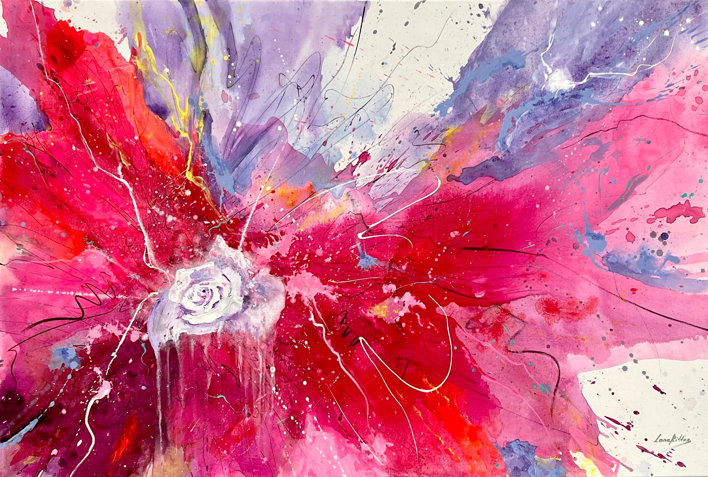 This joyful floral abstraction expends love and energy and is dedicated to love and relationships.
Soaring beautiful strokes, stains and splashes on the canvas create a beautiful atmosphere. Acrylic paints - quinacridone pink and red, purple,