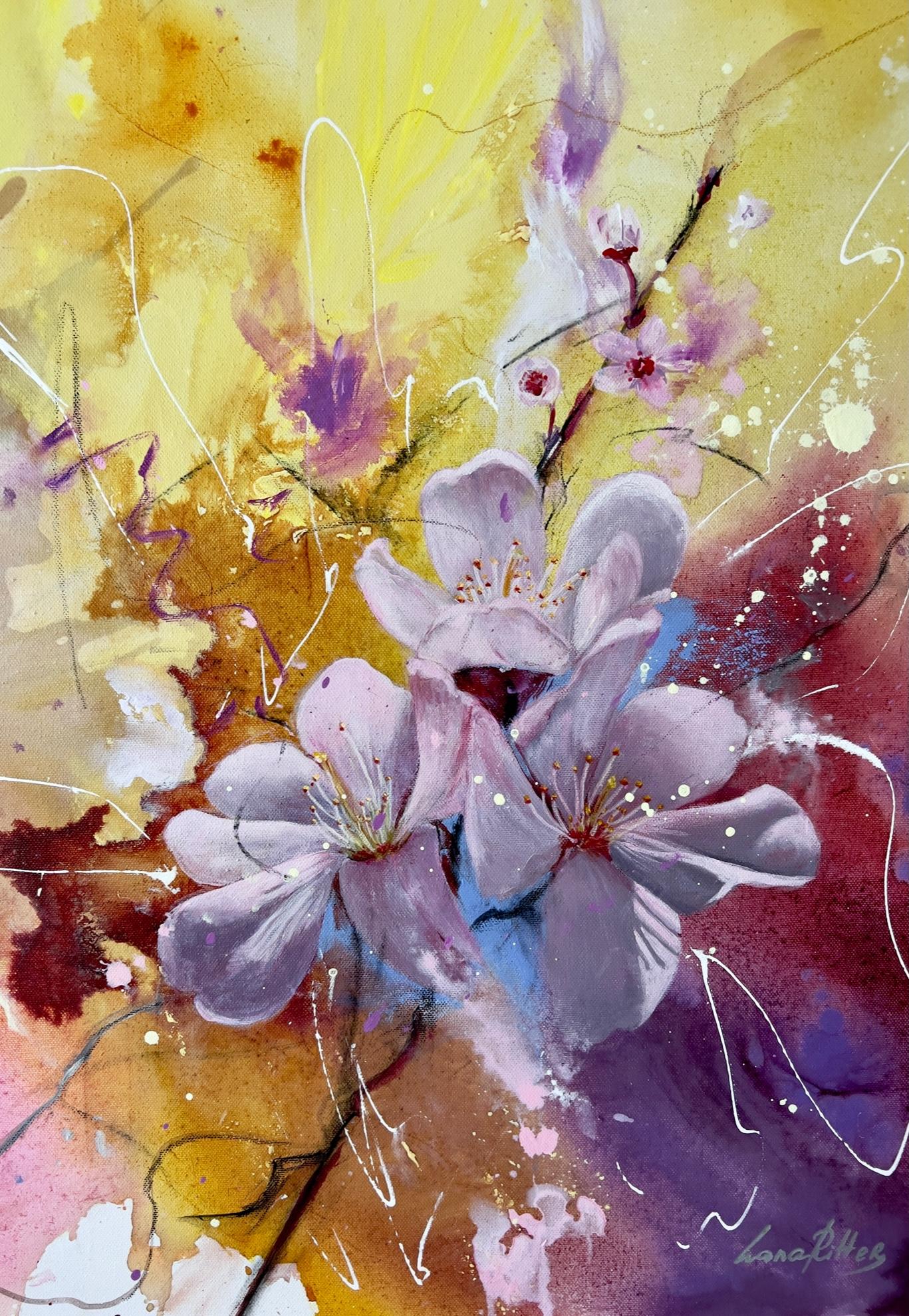 Cherry Blossoms Kiss Colorful Flowers Abstraction by Lana Ritter For Sale 2