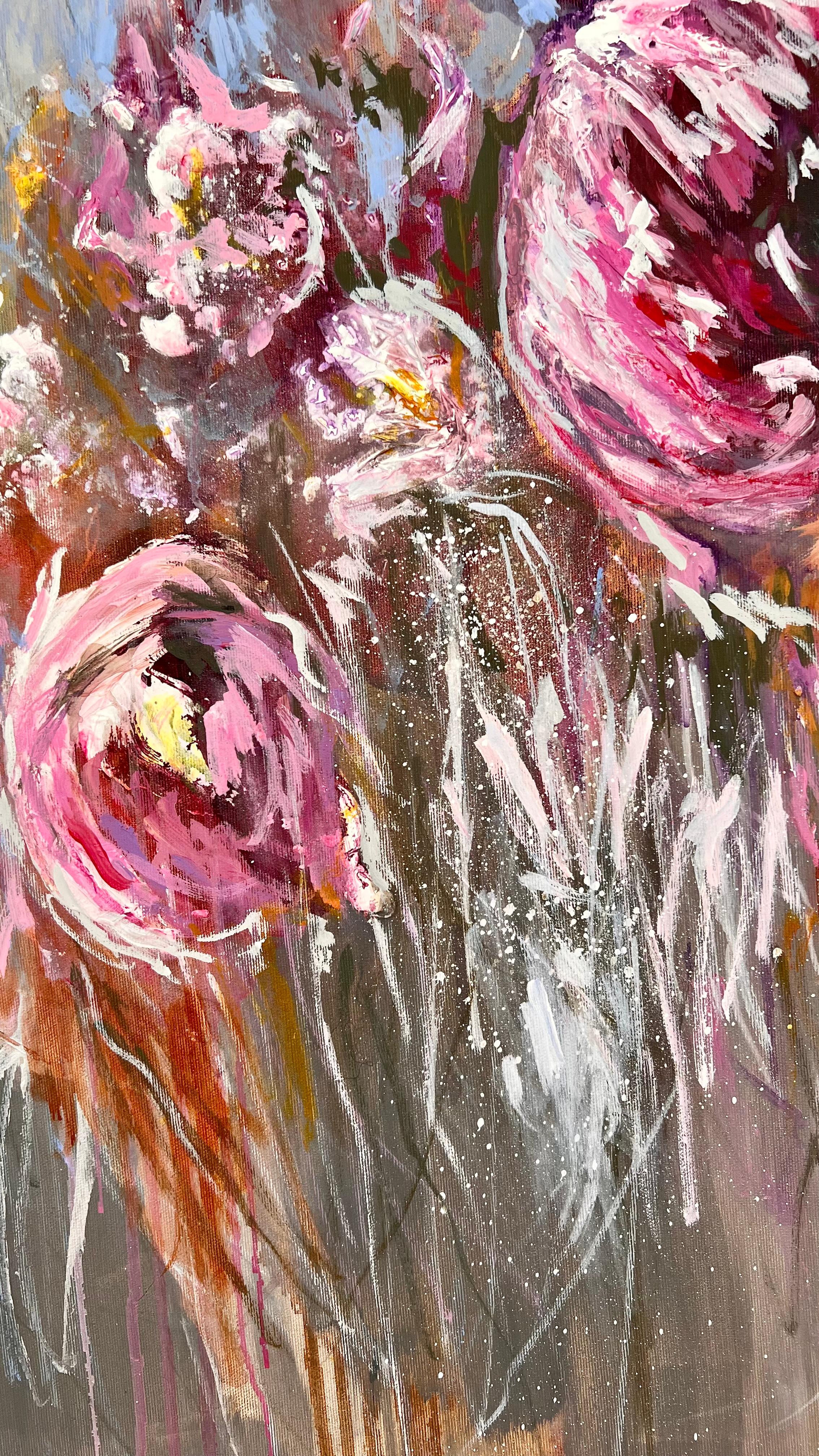 What inspired the creation of this floral abstraction:
The flowers in the rain. Wonderful intensive pink and red colours on the grey-silver background.
Dimension in inches: 39 x 29
Details:
- Unframed, stretched on canvas, ready to hang
-The
