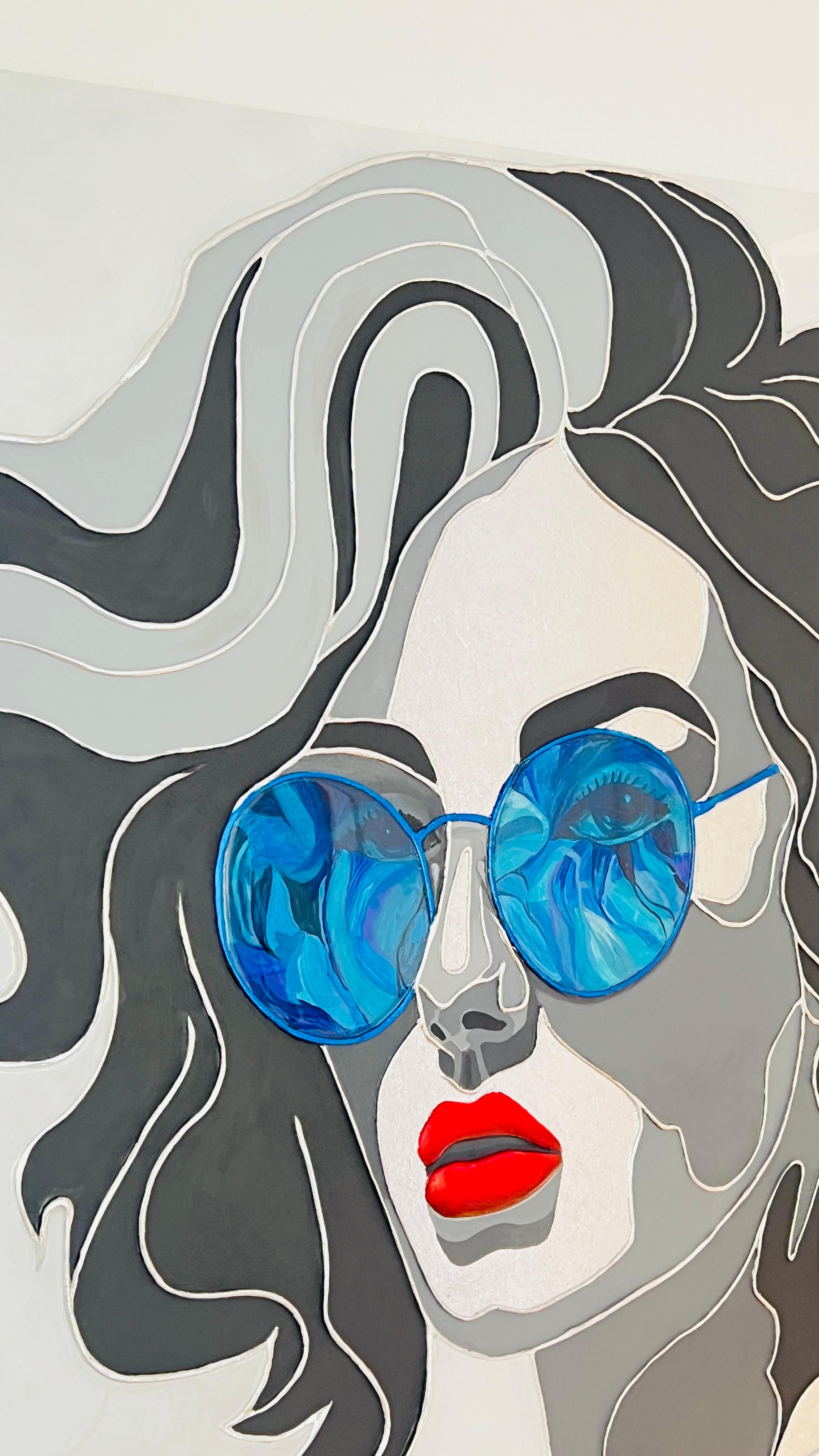 High-quality acrylic sculptural contemporary hyperrealistic composition with a woman in sunglasses, holding a microphone.
Pop-inspired, vibrant and mirroring artwork, in silver, azure, red and black colours.
This is a unique piece and only one. It