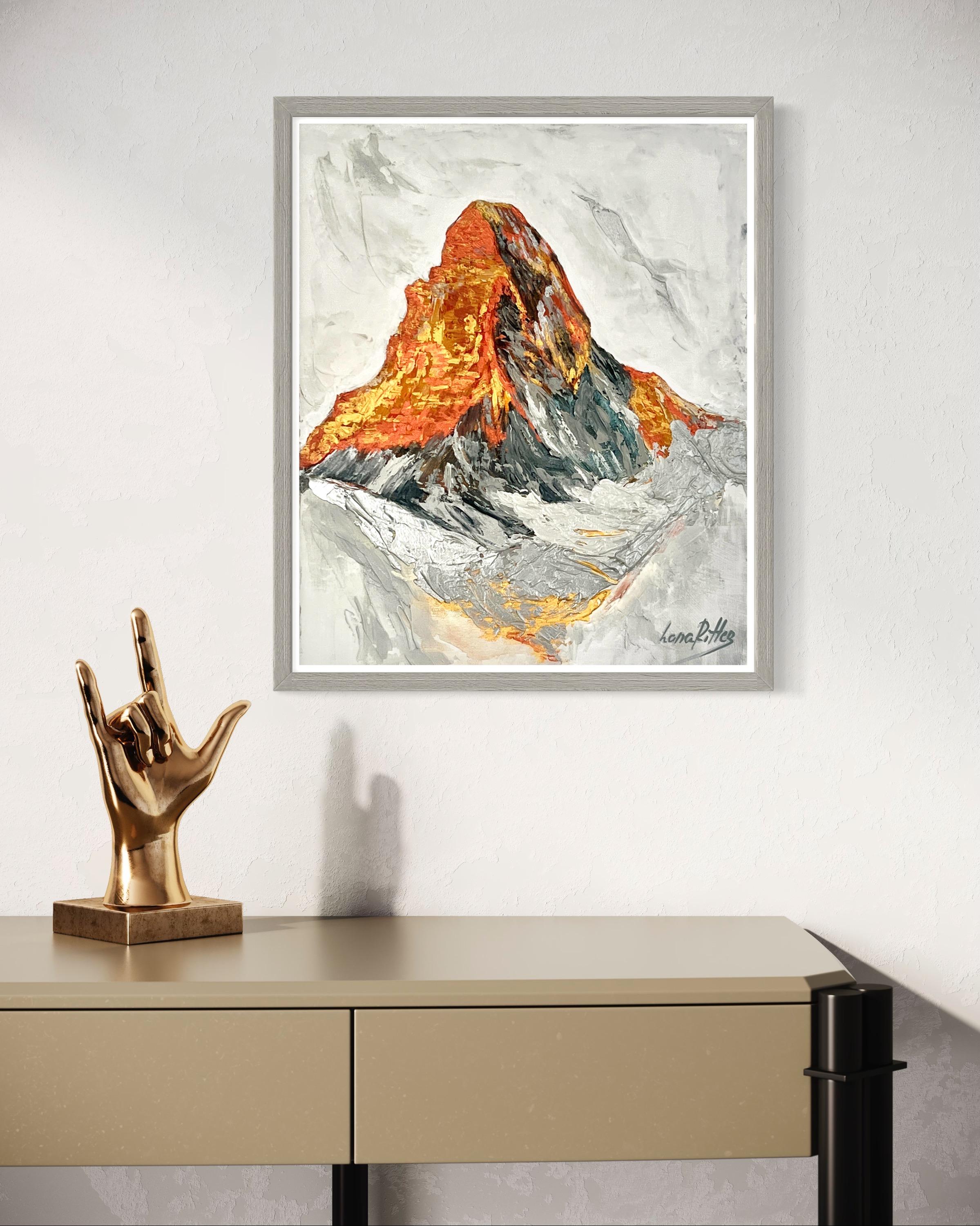 What inspired the creation of this landscape abstraction:
The wonderful copper light of sunset at the famous mountain, Matterhorn. The play of sunshine and snow.
Details:
- Materials used: heavy and soft acrylic gel, acrylic colours, gesso,