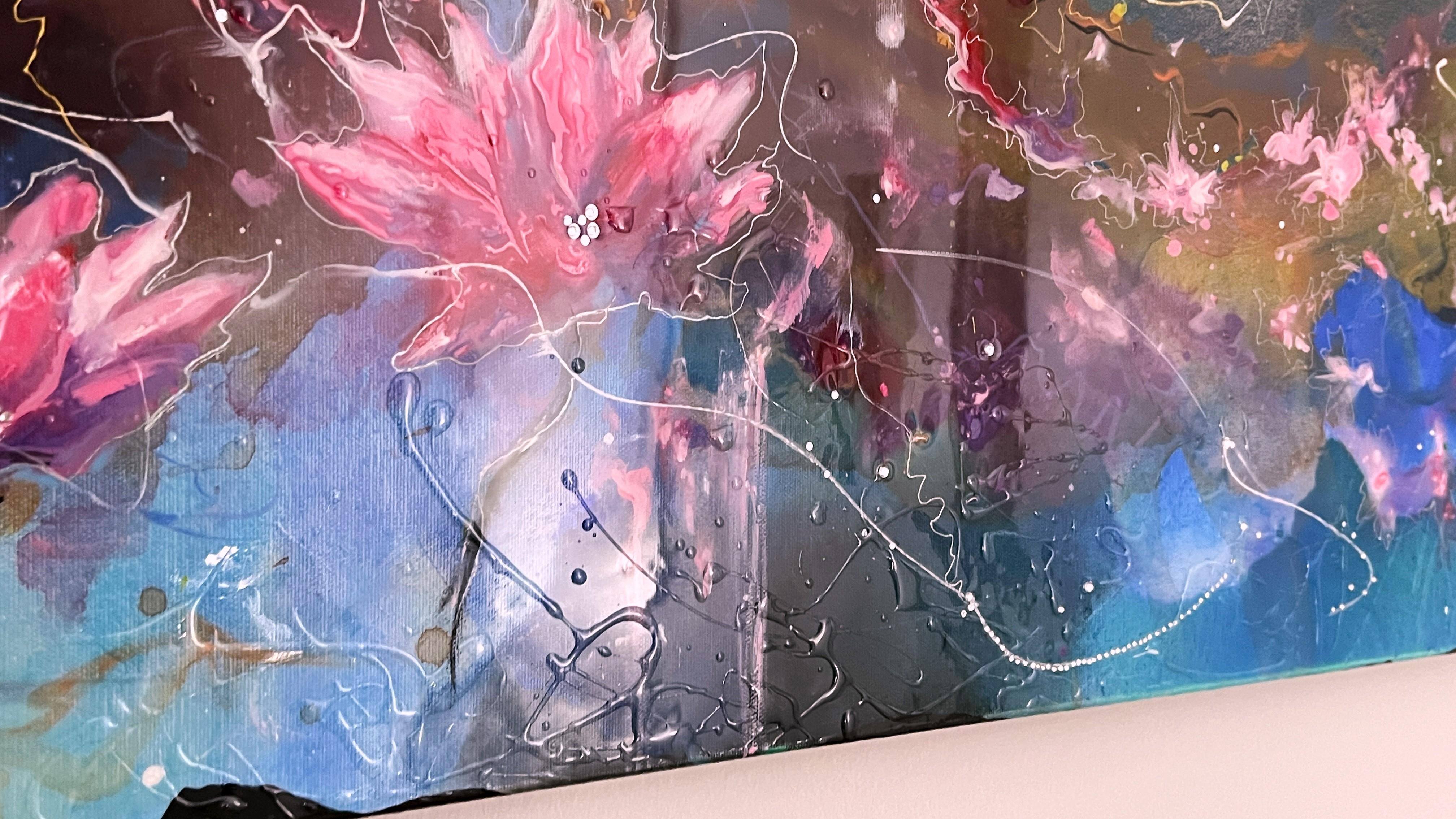 This is an impulsive abstraction with water lilies and a waltz rhythm.
The artist Lana Ritter has created an expressive floral chaotic abstraction. She tries to incorporate organic subjects, flowers, and animals in her abstract conception. The