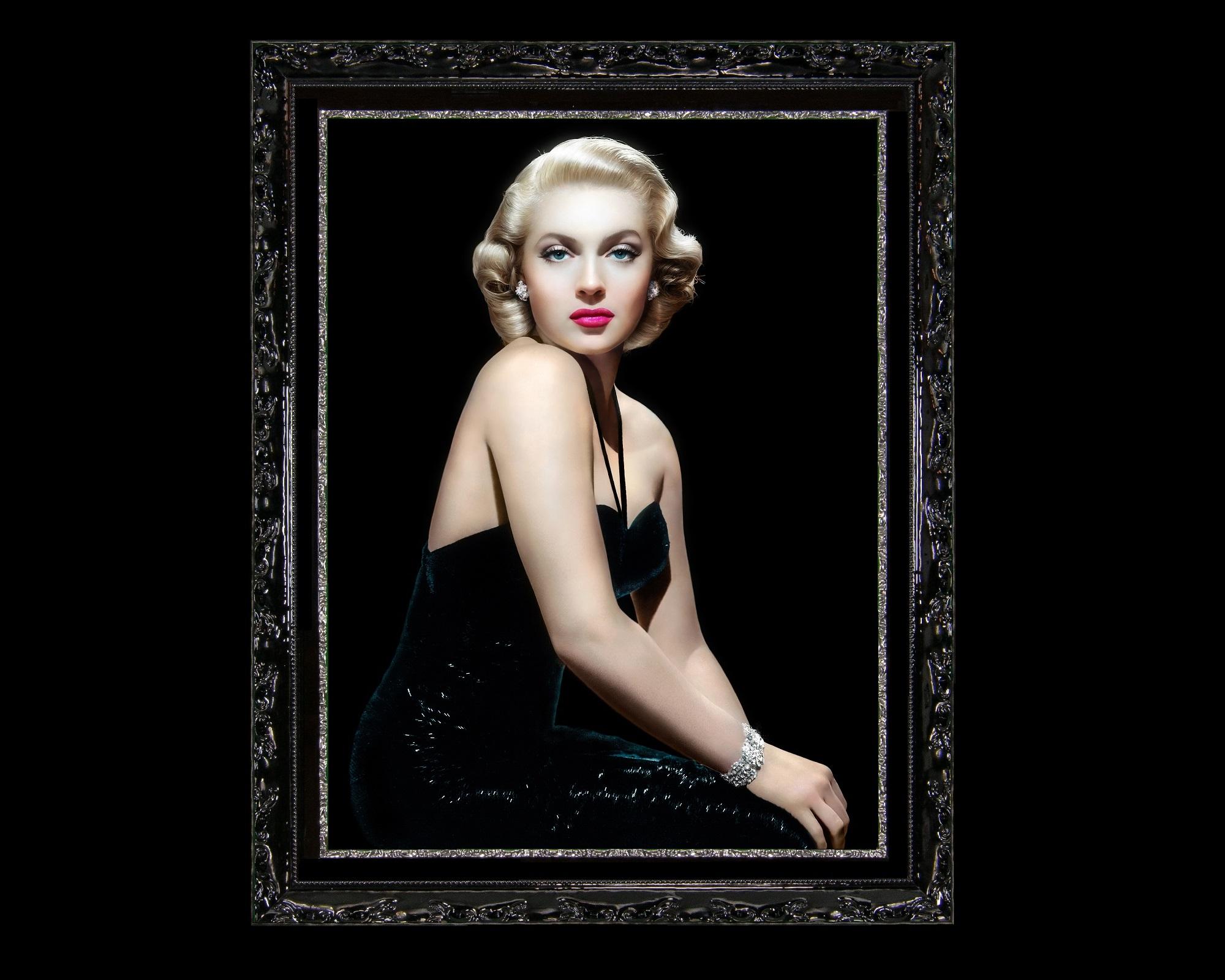 This large American Realist Photo is a faithful yet nuanced reproduction portrait of the 1940s Sex Symbol 