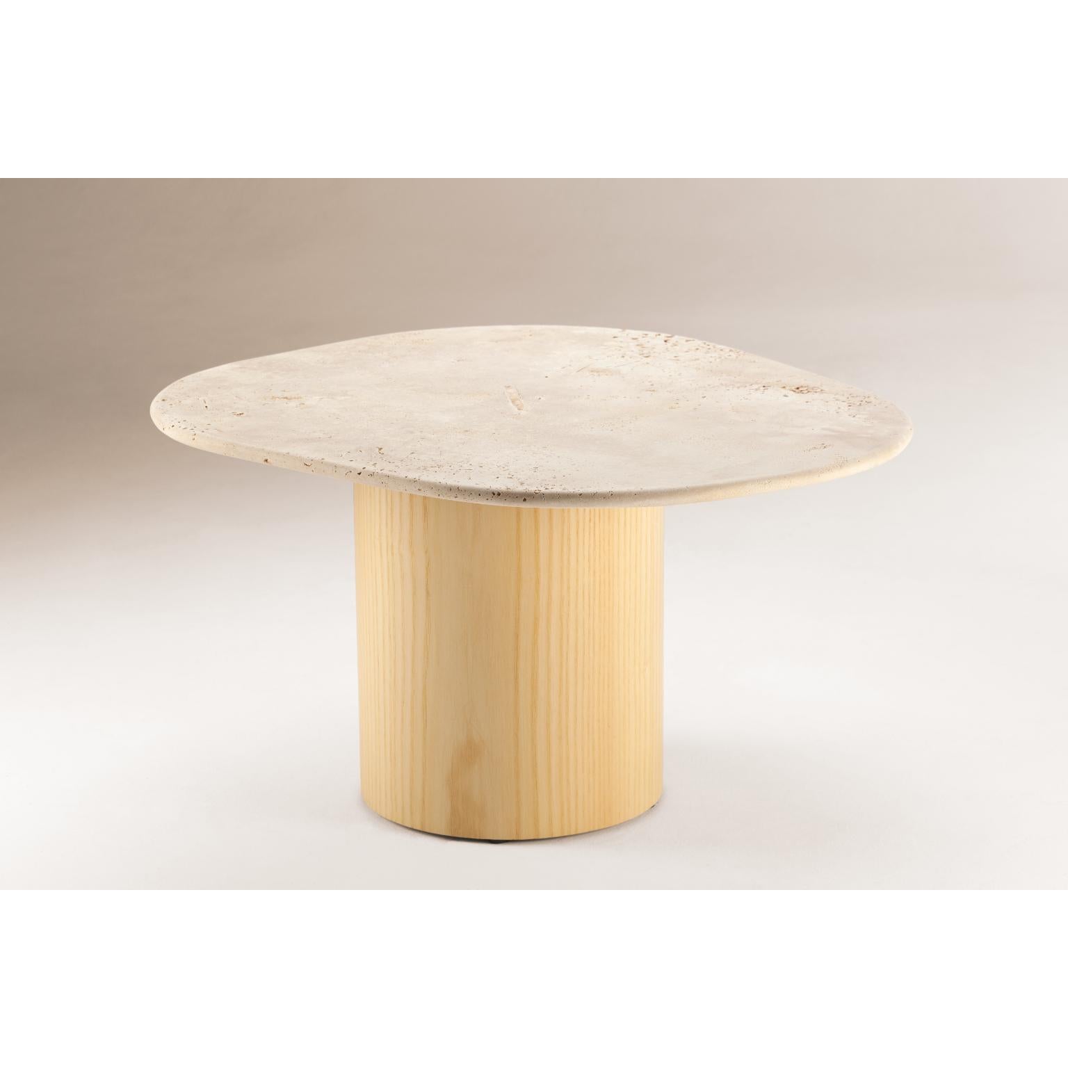 L’anamour side table by Dooq
Dimensions: W 72 x D 24 x H 40 cm
Materials: 
Top: Natural or Red Travertine
Base: Natural Ash or Nude Lacquered Wood

Other options available.

L’anamour is a set of coffee and side tables, which complement and