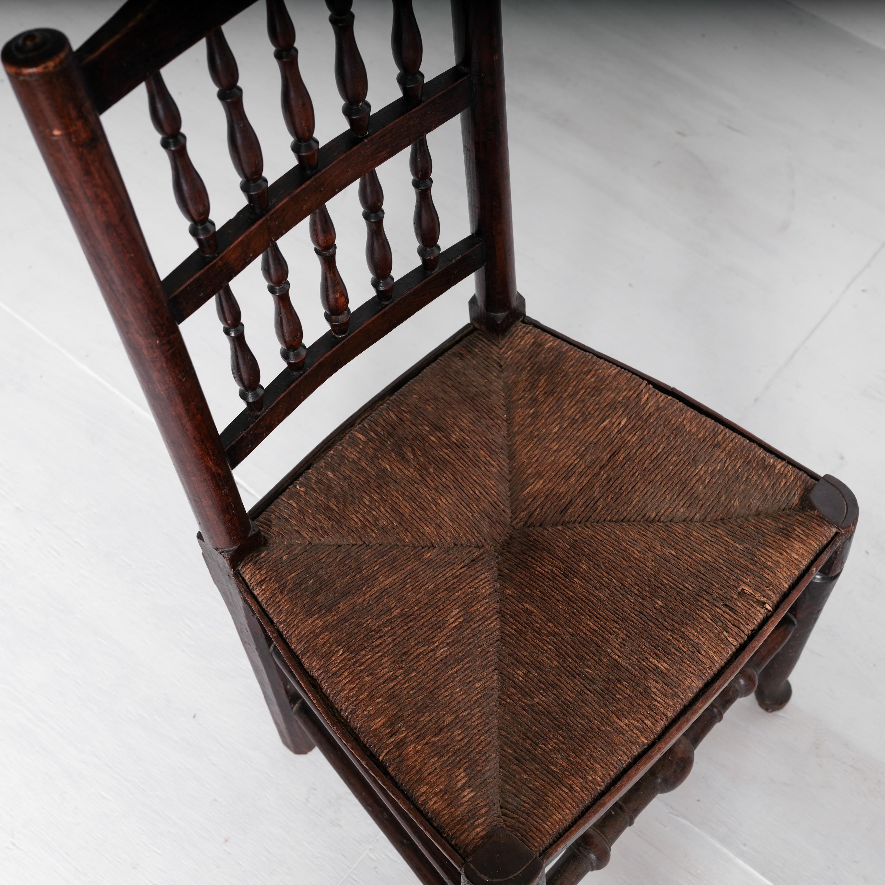 Rush Lancashire Spindle Back Farmhouse Chairs, Circa 1870-1880, Set of 6