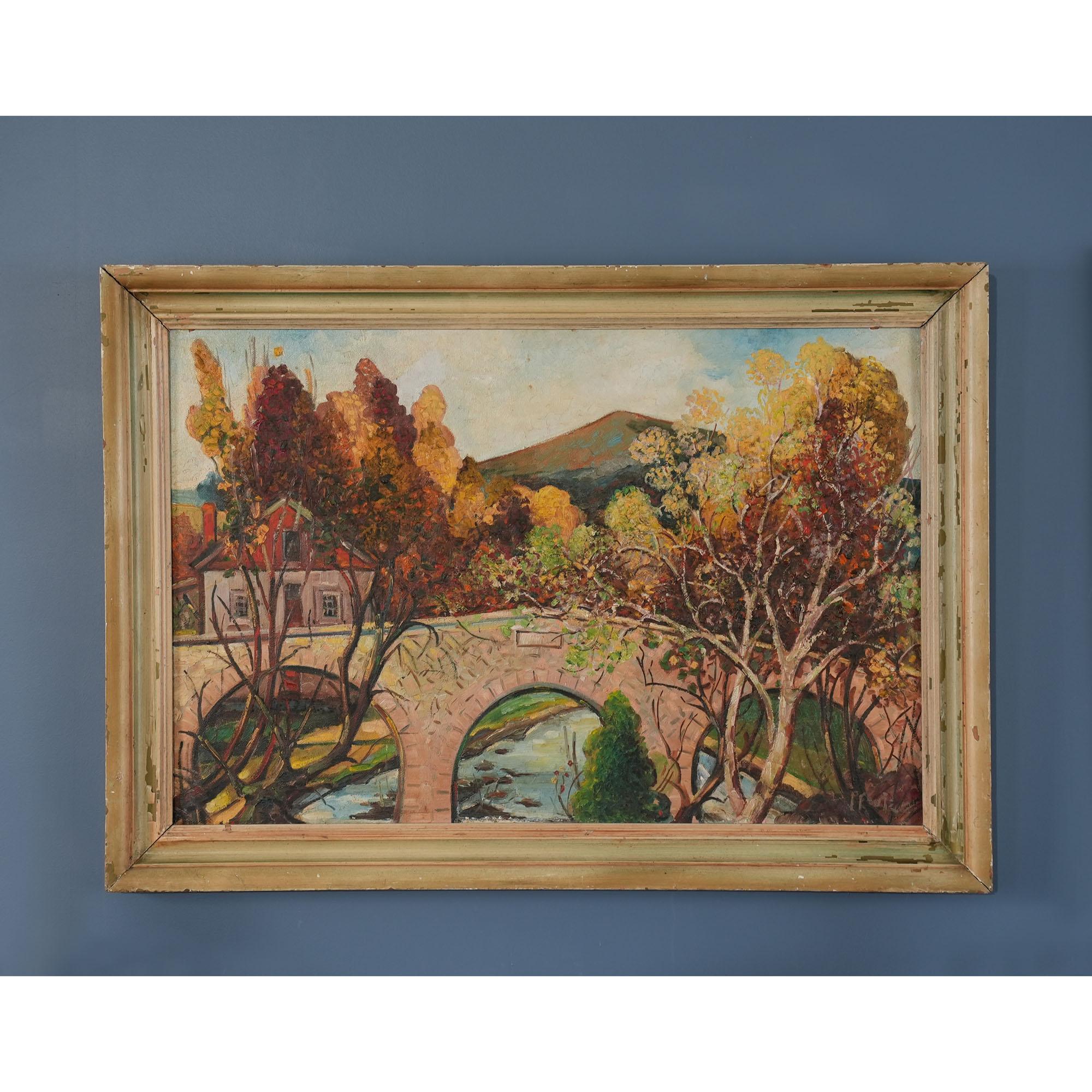 Une peinture à l'huile originale du pont de Lancaster, très intéressante et inhabituelle, réalisée par l'artiste J. Earle Pfoutz. La peinture est réalisée sur carton d'artiste et est accompagnée de ce qui semble être un cadre original décoré/peint
