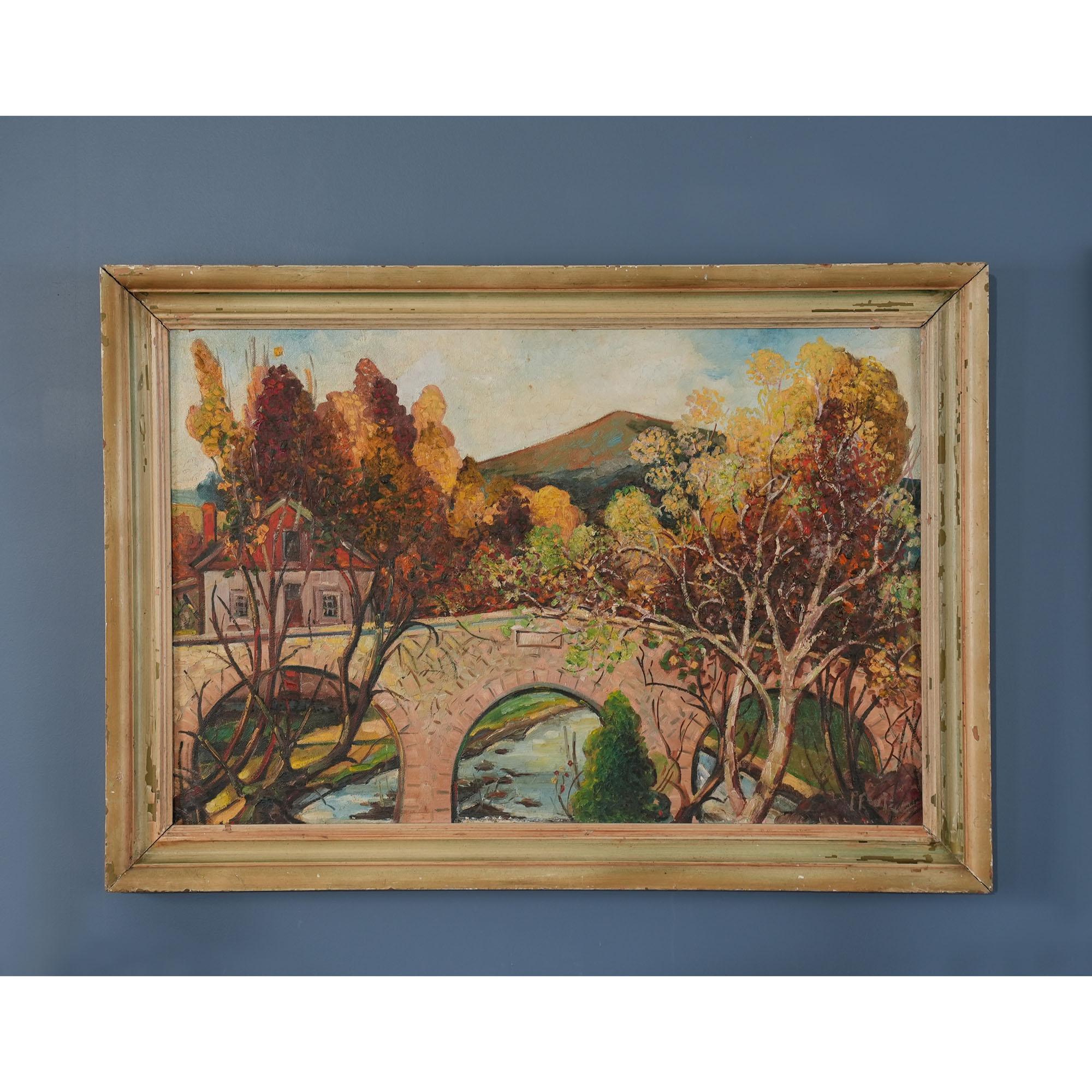 Una pintura al óleo original del puente de Lancaster, muy interesante e inusual, del artista J. Earle Pfoutz. El cuadro está pintado sobre cartón artístico y viene con lo que parece ser un marco original decorado y pintado por el artista. El cuadro