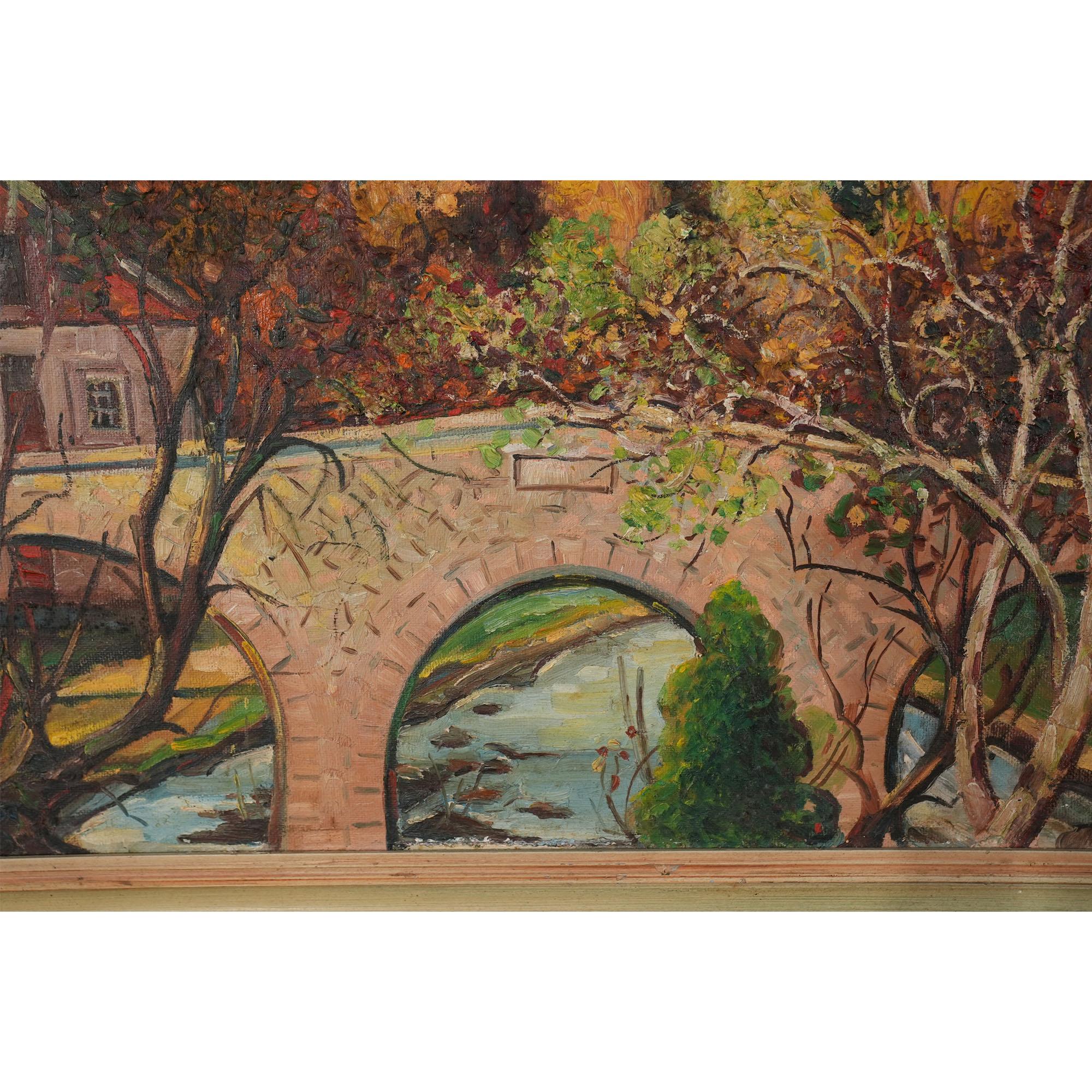 Puente de Lancaster Pintura al óleo original mediados del siglo XX en venta