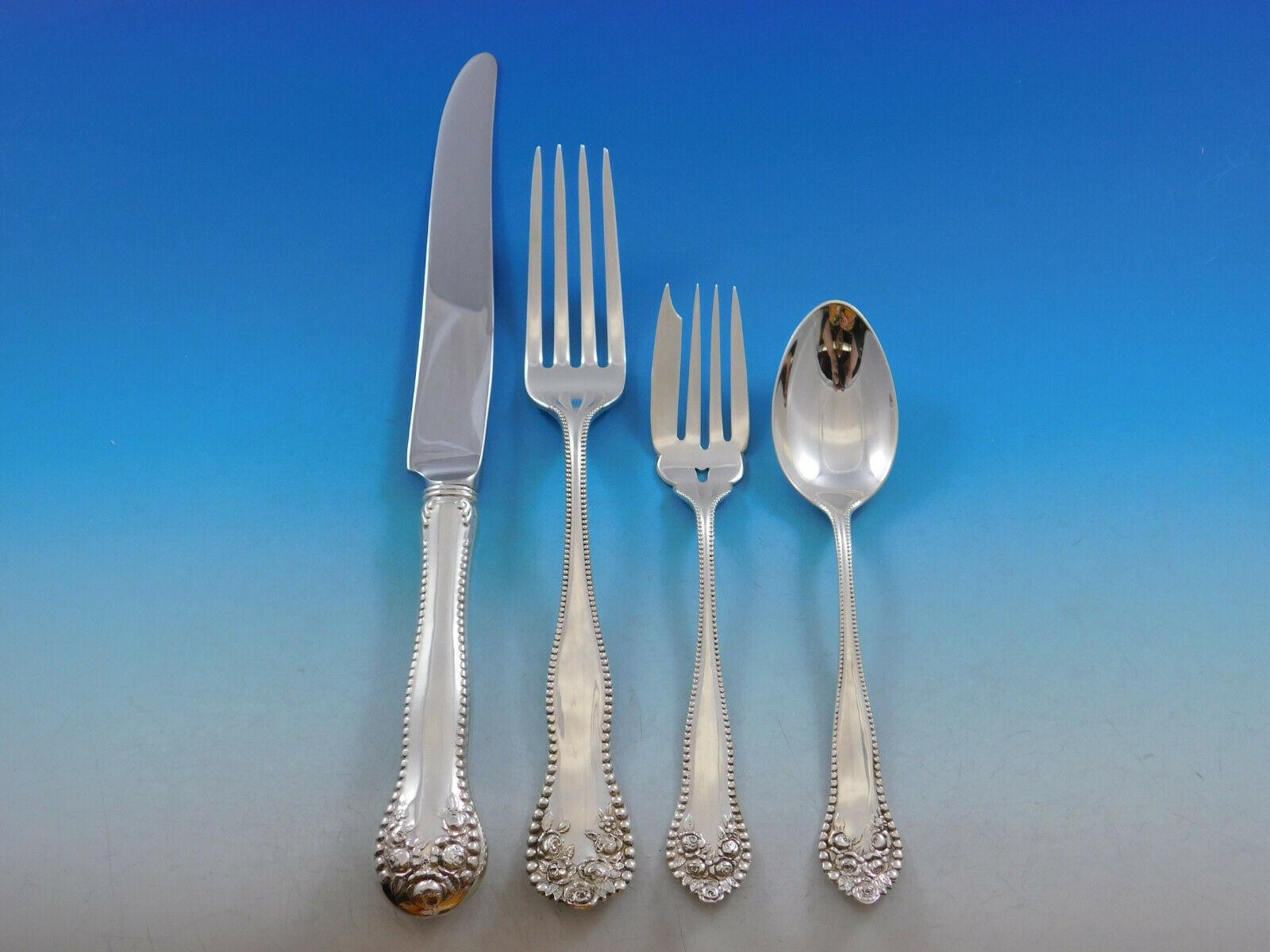 Dinner size Lancaster by Gorham sterling silver flatware set, 64 Pieces. This popular beaded pattern with intricate rose detailing was introduced by Gorham in the year 1897. This set includes:

8 dinner knives, 9 5/8