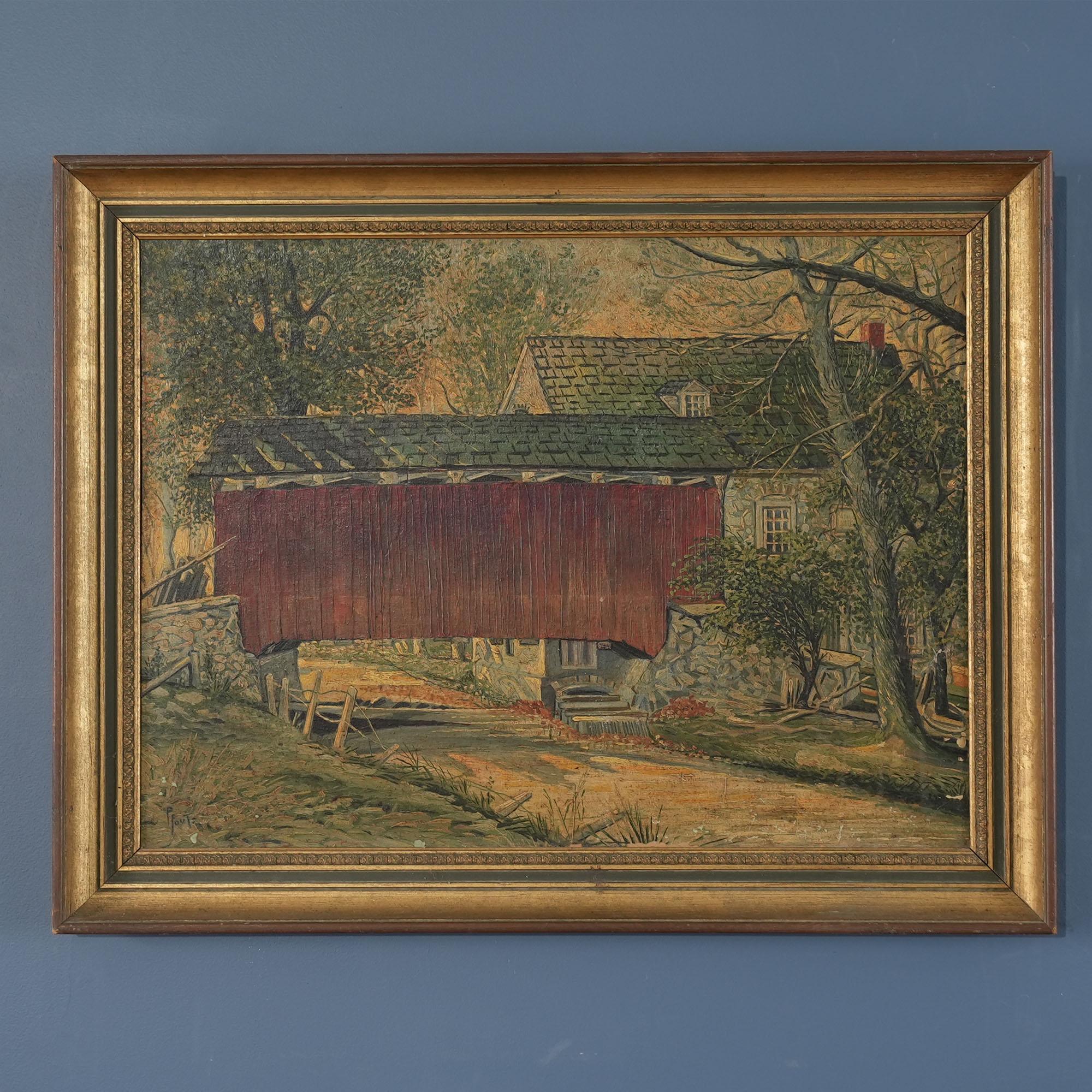 A very interesting and unusual Lancaster Covered Bridge Original Oil Painting by artist J. Earle Pfoutz. The painting is produced on artist board and comes complete with what appears to be an original artist decorated/painted frame. The painting is