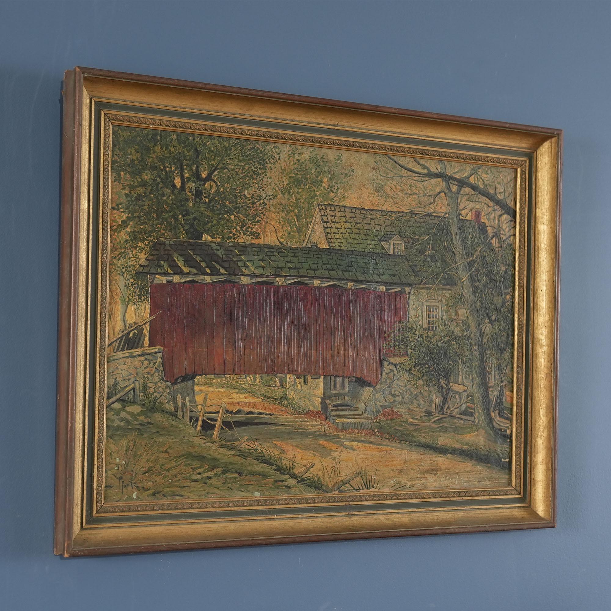 Nord-américain Peinture à l'huile originale du pont couvert de Lancaster en vente