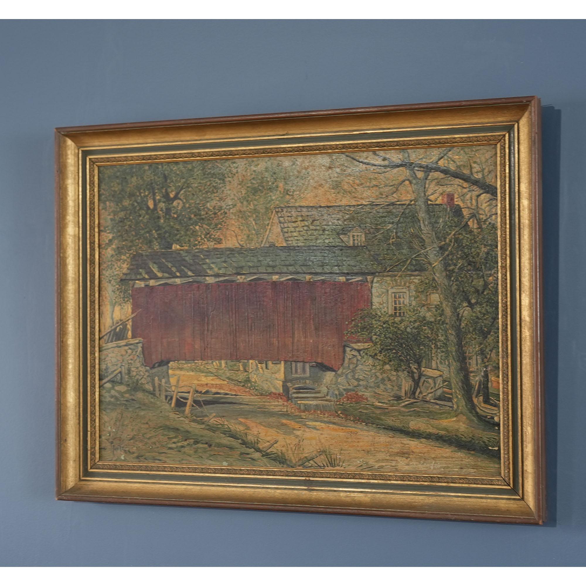 Hand-Crafted Lancaster Covered Bridge Original Oil Painting For Sale