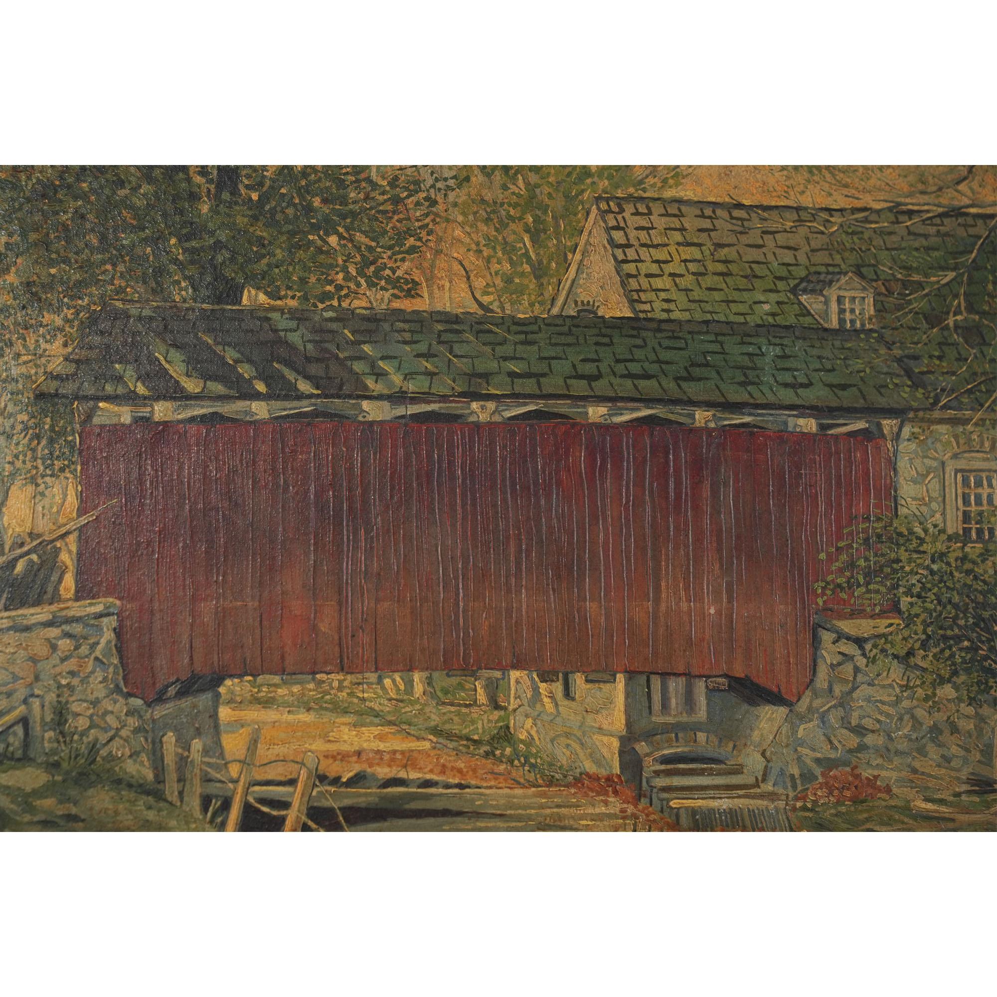 Peinture à l'huile originale du pont couvert de Lancaster Bon état - En vente à Annville, PA