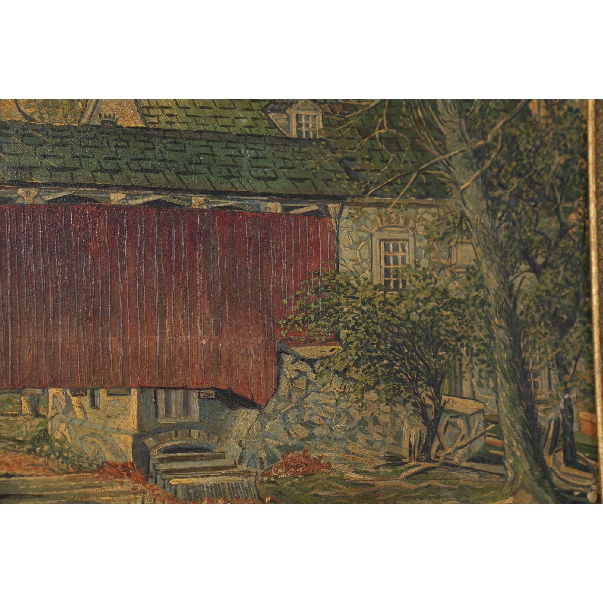 20th Century Lancaster Covered Bridge Original Oil Painting For Sale