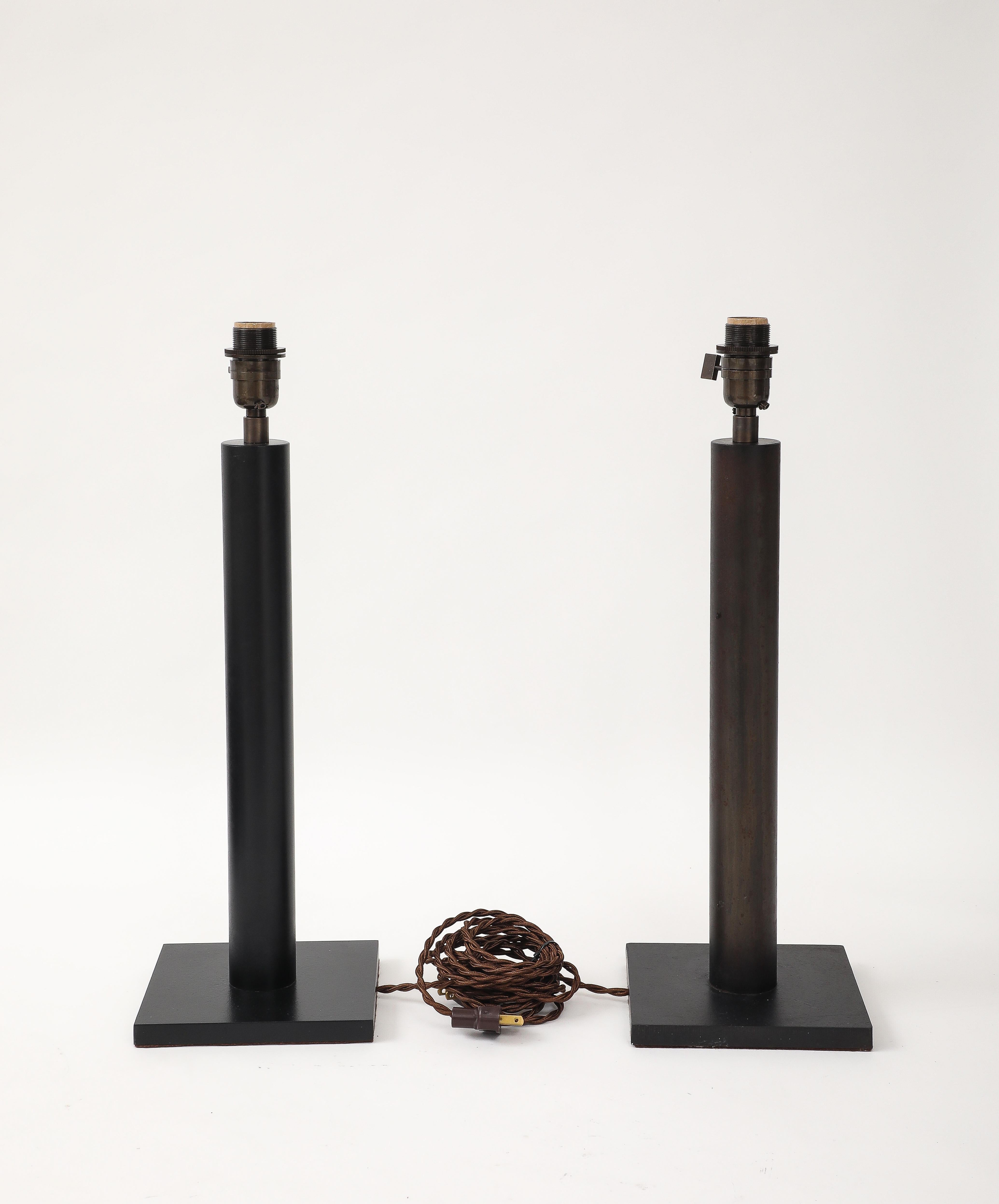 Lance Thompson Bronze Patina Custom Made Metal Column Lamps, Custom Silk Shade For Sale 6
