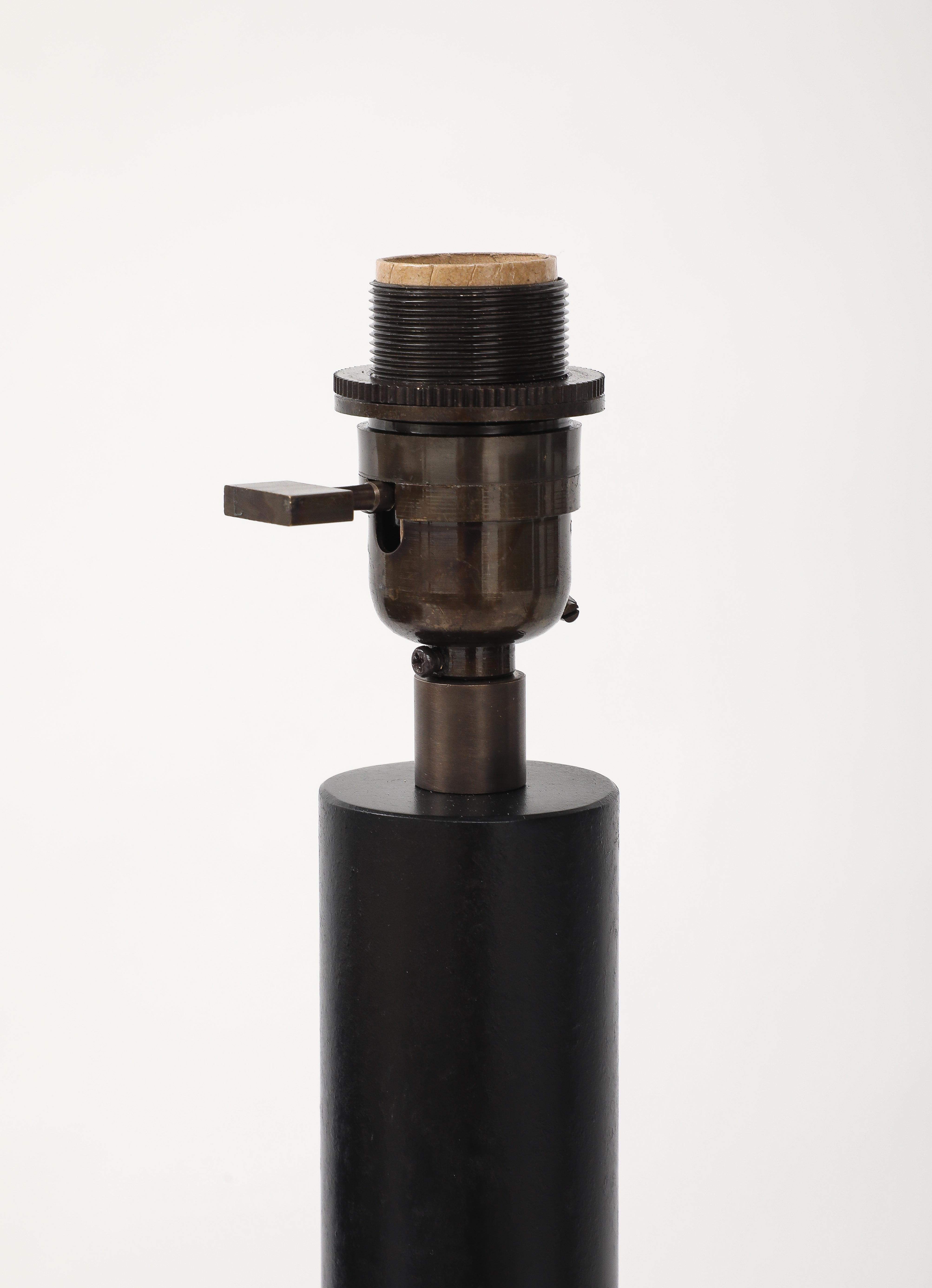 Lance Thompson Bronze Patina Custom Made Metal Column Lamps, Custom Silk Shade For Sale 2