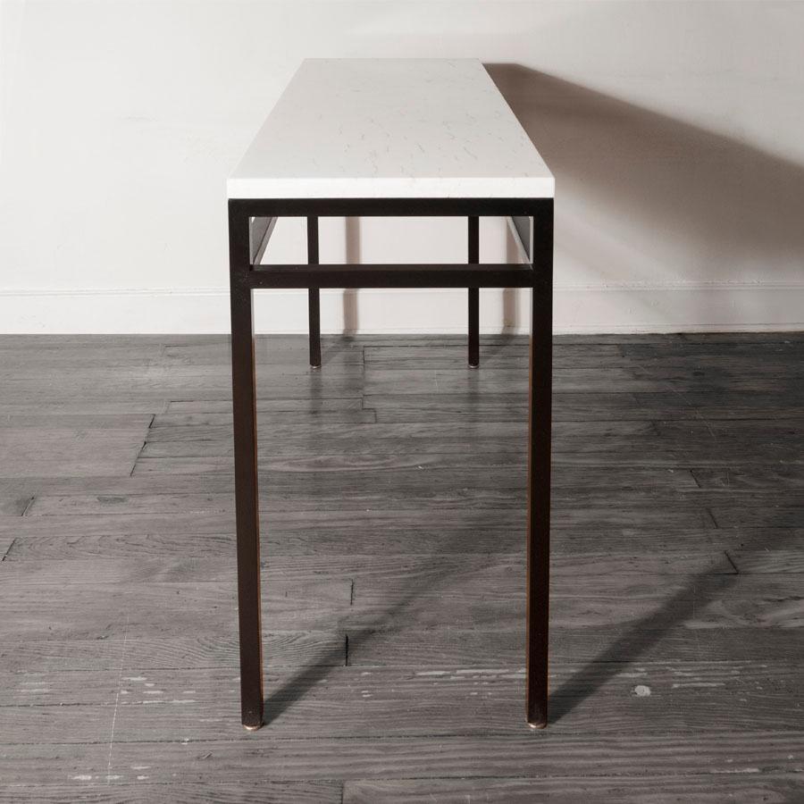 Minimalist Lance Thompson Marble/Stone Top Console with Solid Blackened Steel Base Made to