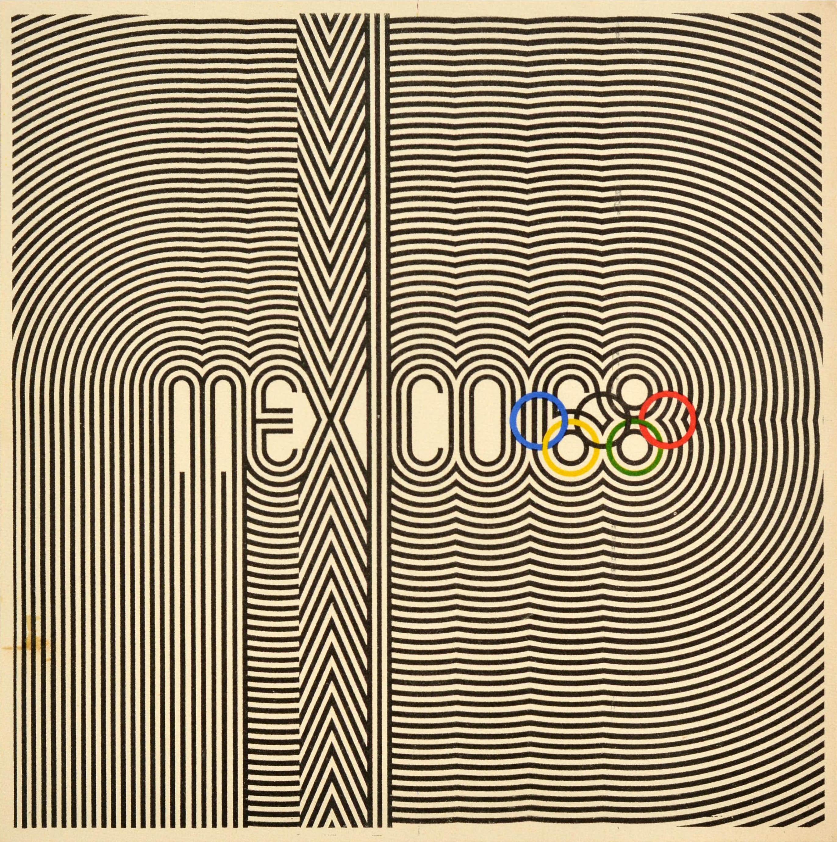 Affiche sportive vintage originale pour les Jeux olympiques de Mexico de 1968, officiellement connus sous le nom de Jeux de la XIXe Olympiade, qui se sont déroulés du 12 au 27 octobre 1968. Le logo iconique de l'événement, conçu par le célèbre