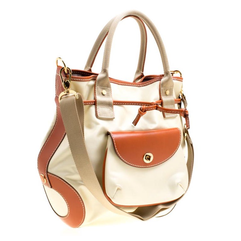 Lancel Beige/Brown Nylon And Leather Top Handle Bag For Sale at 1stDibs