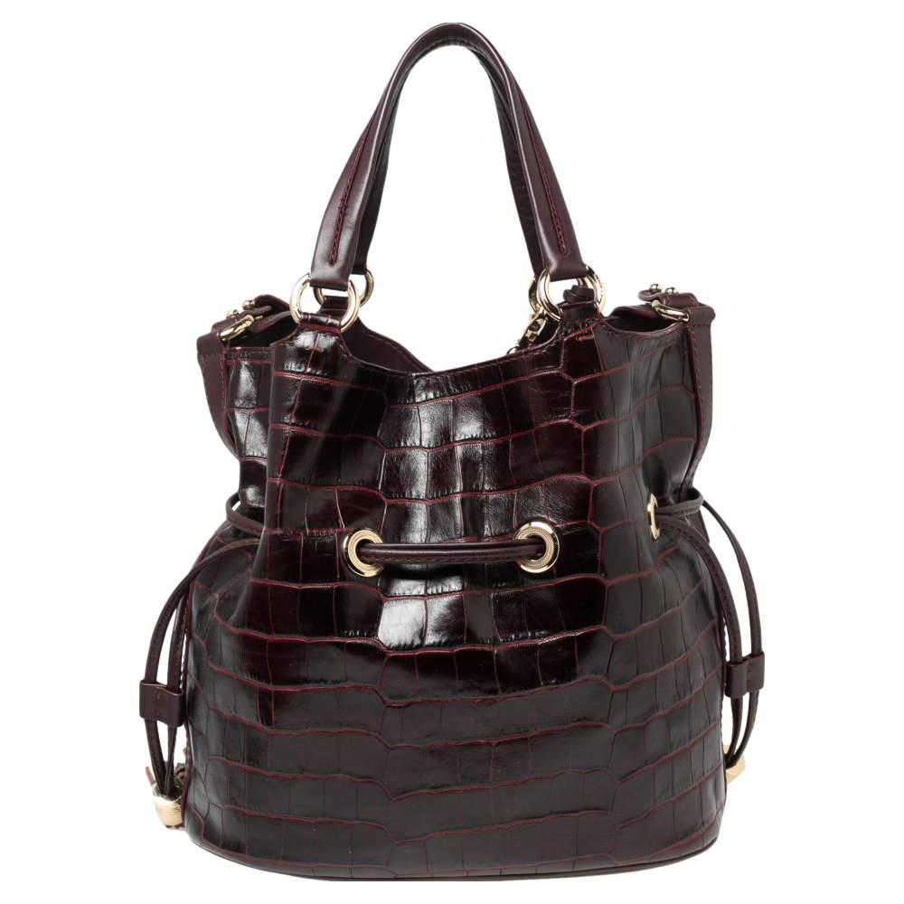 Black Lancel Burgundy Croc Embossed Leather Premier Flirt Bucket Bag For Sale