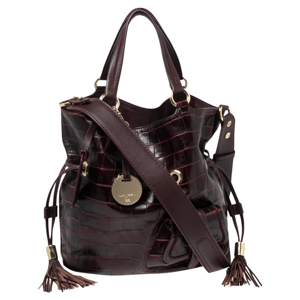 Lancel Burgundy Croc Embossed Leather Premier Flirt Bucket Bag For Sale