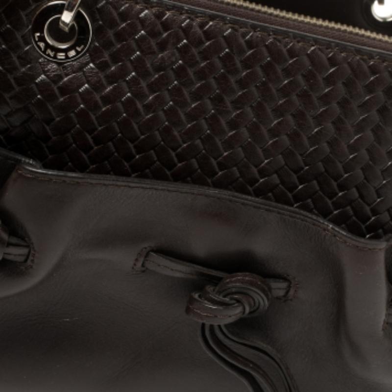 Lancel Dark Brown Braided Leather Front Pocket Tote In Good Condition For Sale In Dubai, Al Qouz 2