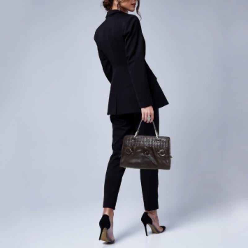 Lancel Dark Brown Braided Leather Front Pocket Tote For Sale 4