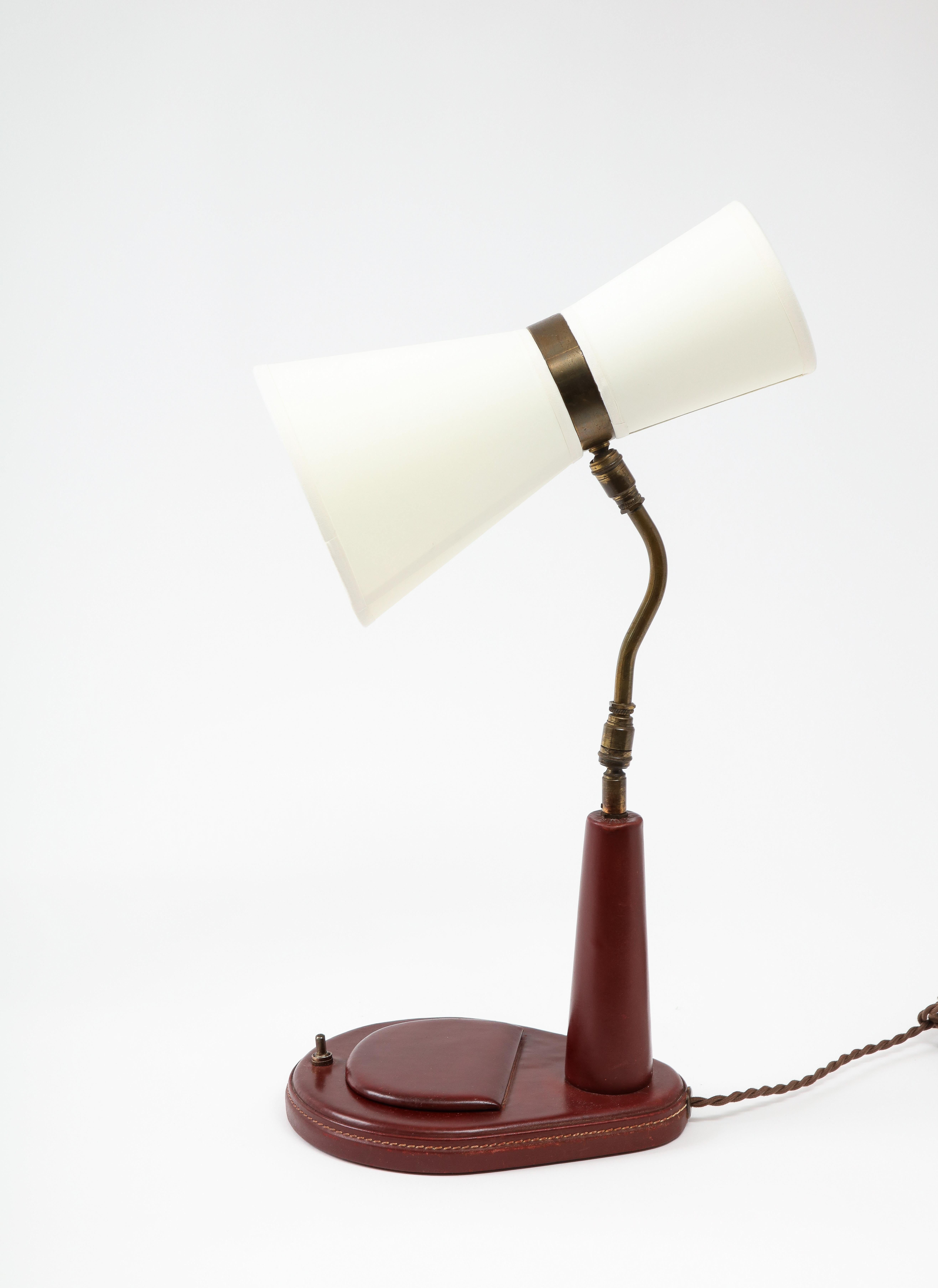 Lancel Burgundy Leather Desk Lamp after Adnet, France 1960's For Sale 3
