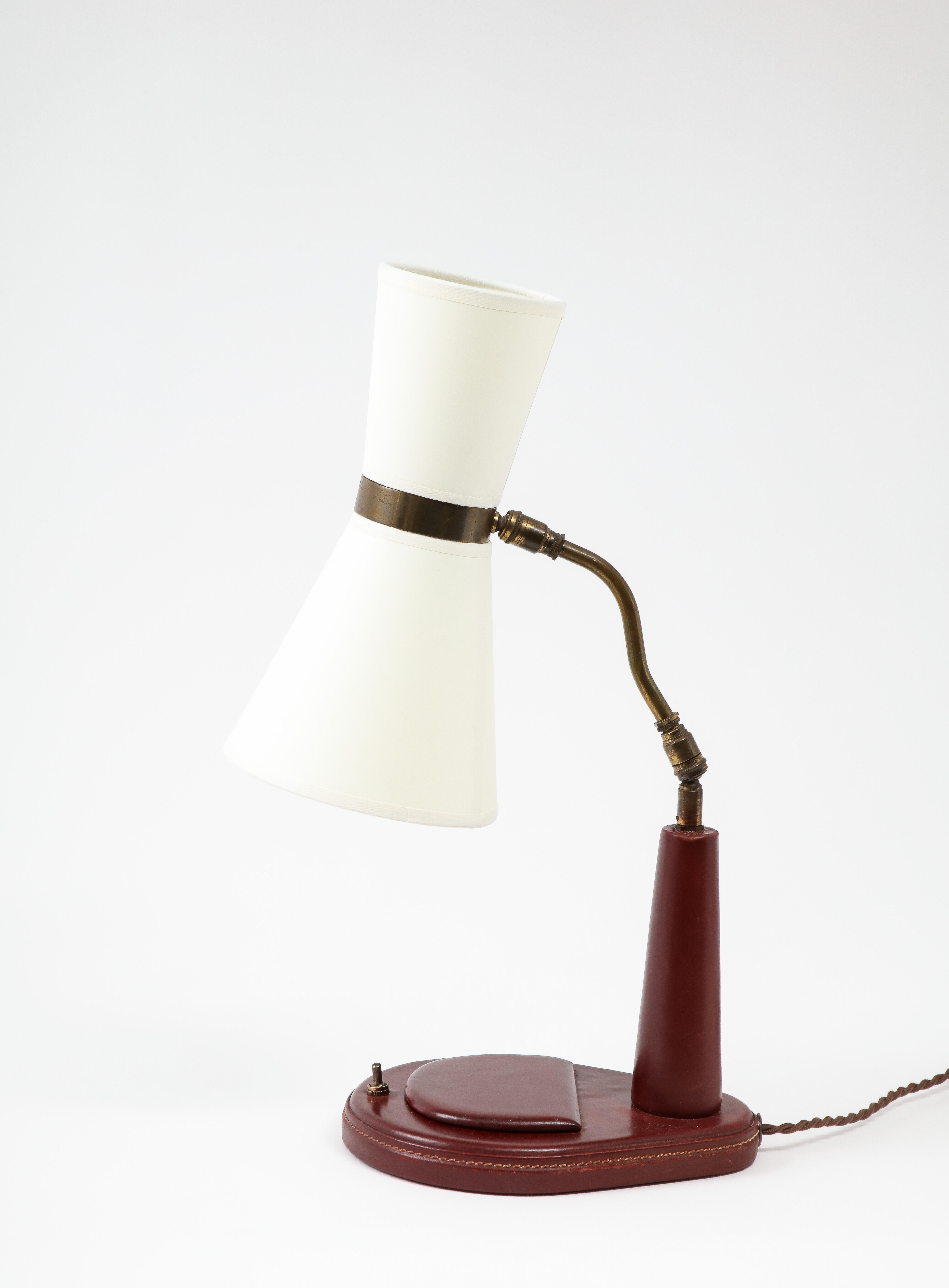 Lancel Burgundy Leather Desk Lamp after Adnet, France 1960's For Sale 4