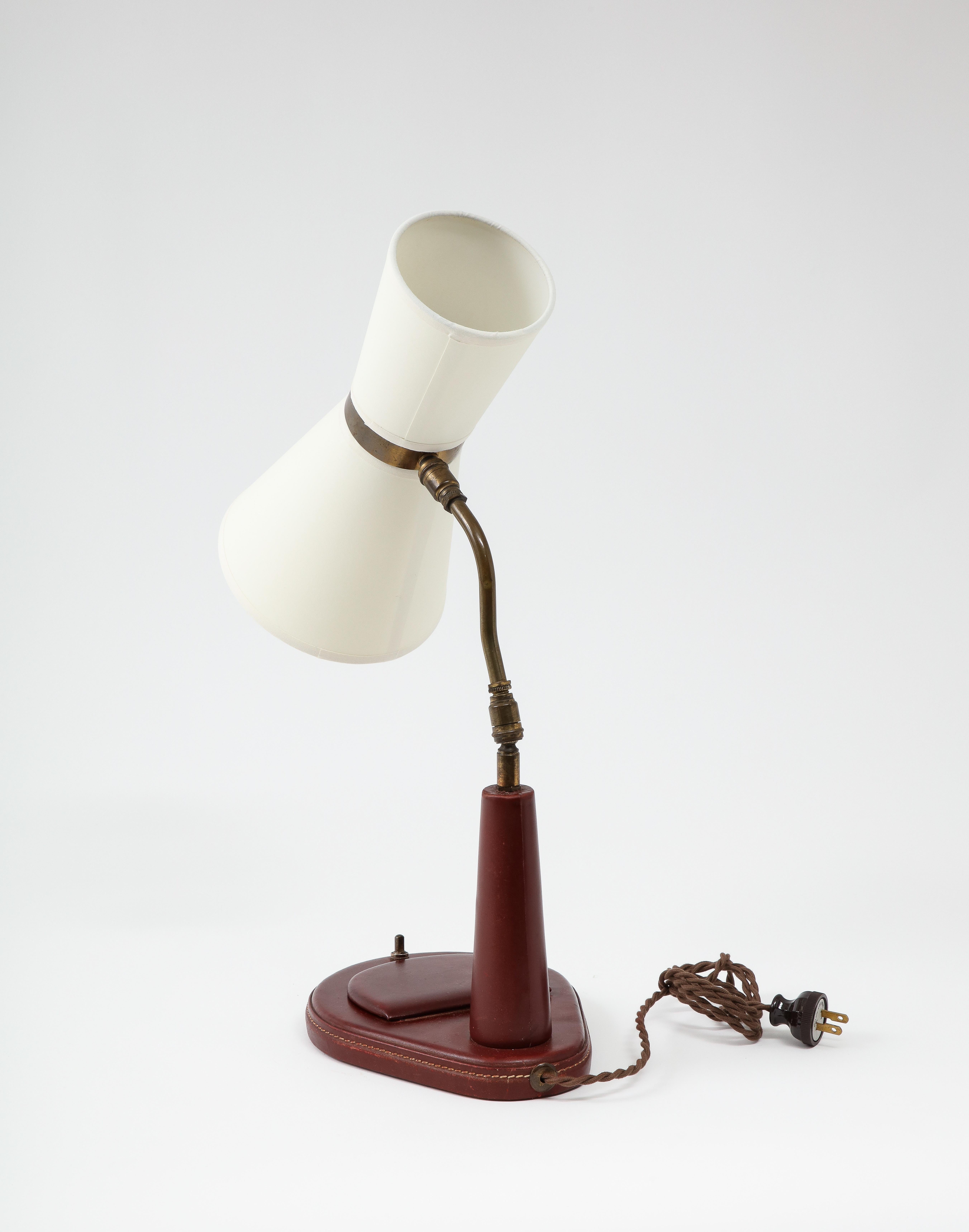 French Lancel Burgundy Leather Desk Lamp after Adnet, France 1960's For Sale