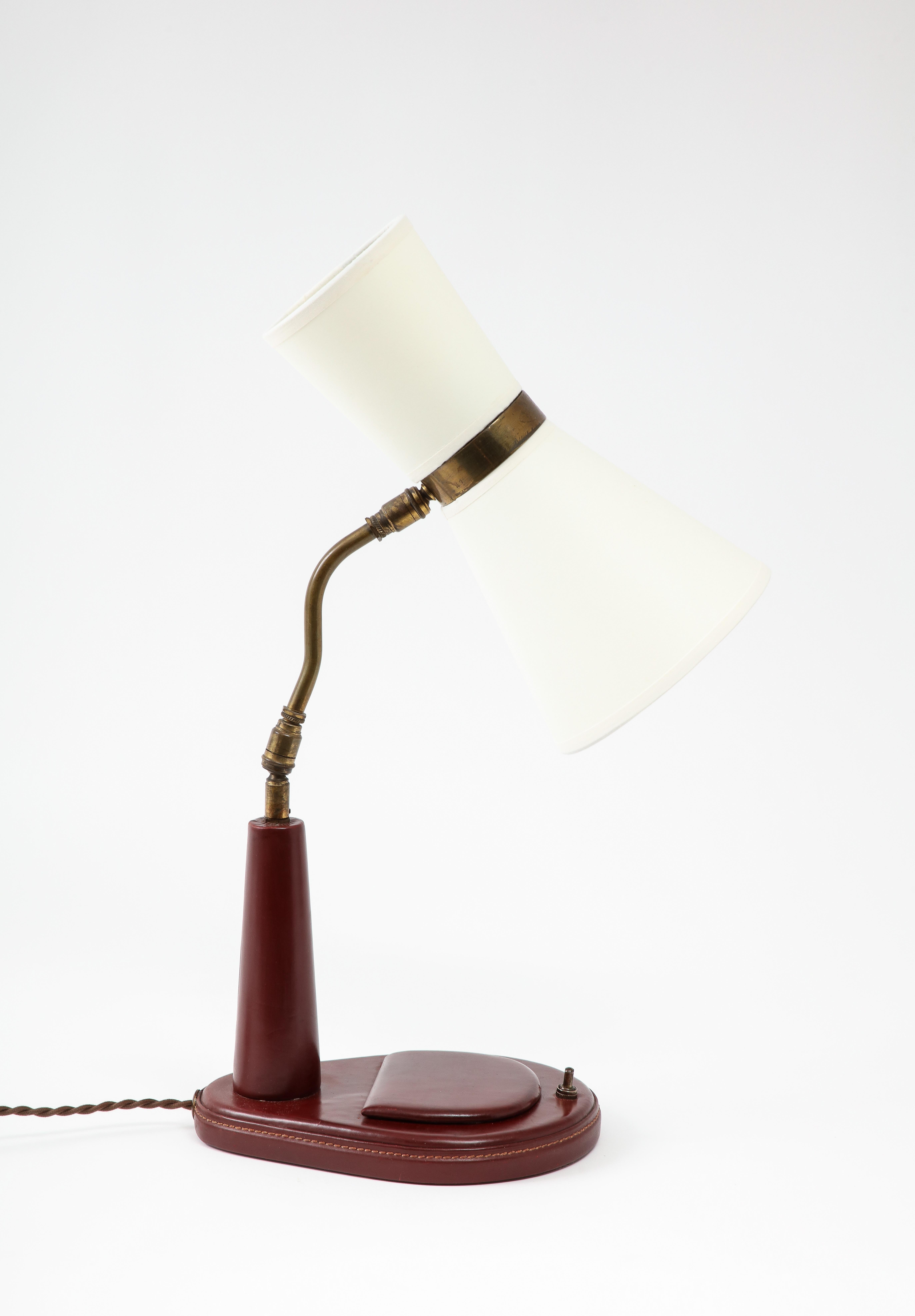 20th Century Lancel Burgundy Leather Desk Lamp after Adnet, France 1960's For Sale