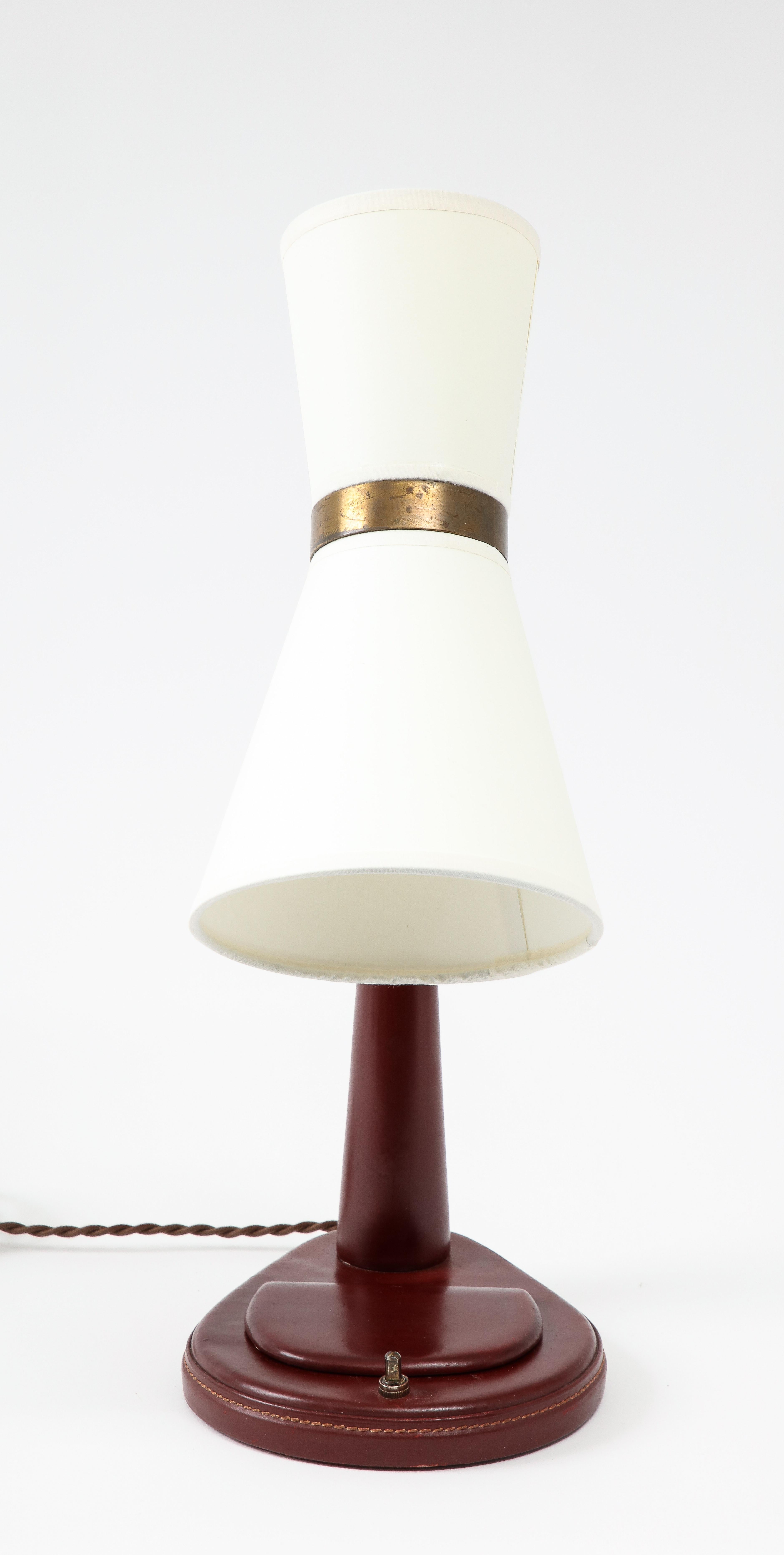 Brass Lancel Burgundy Leather Desk Lamp after Adnet, France 1960's For Sale