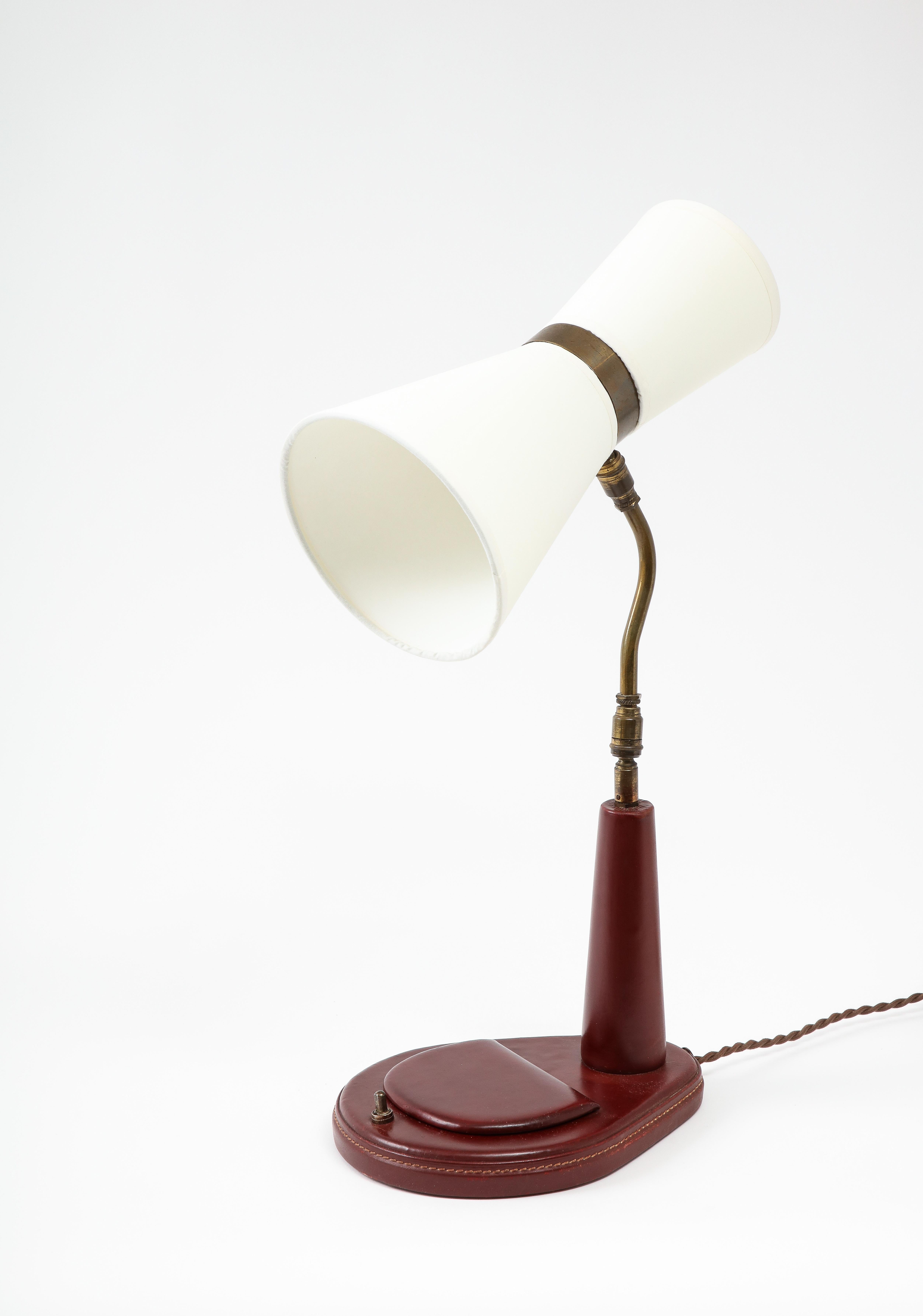 Lancel Burgundy Leather Desk Lamp after Adnet, France 1960's For Sale 2