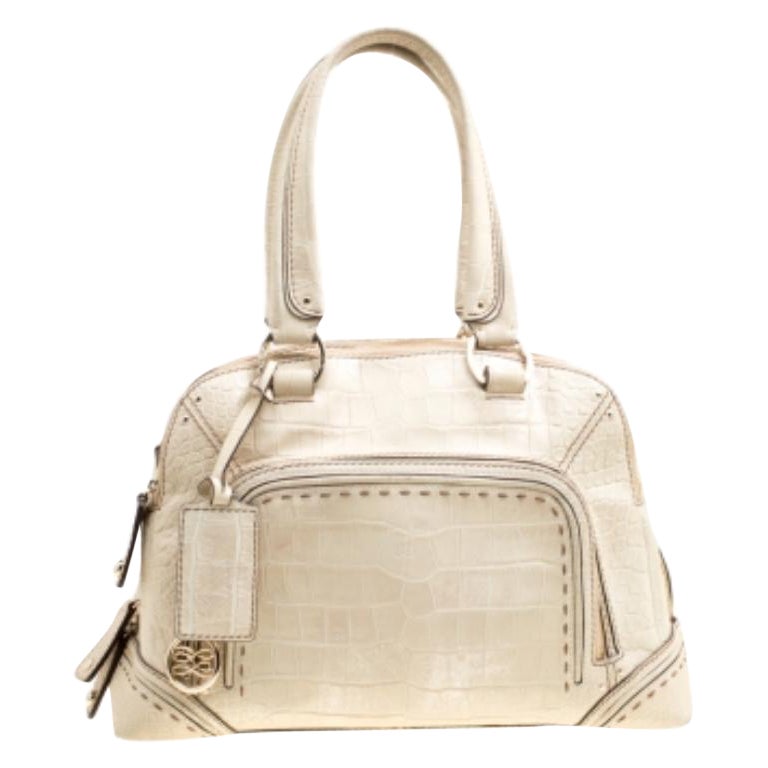 Lancel Light Green Croc Embossed Leather Mademoiselle Adjani Dome Satchel