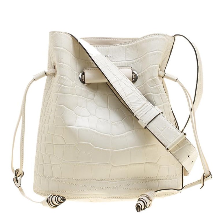 Lancel Off White Croc Embossed Leather Drawstring Bucket Bag For Sale