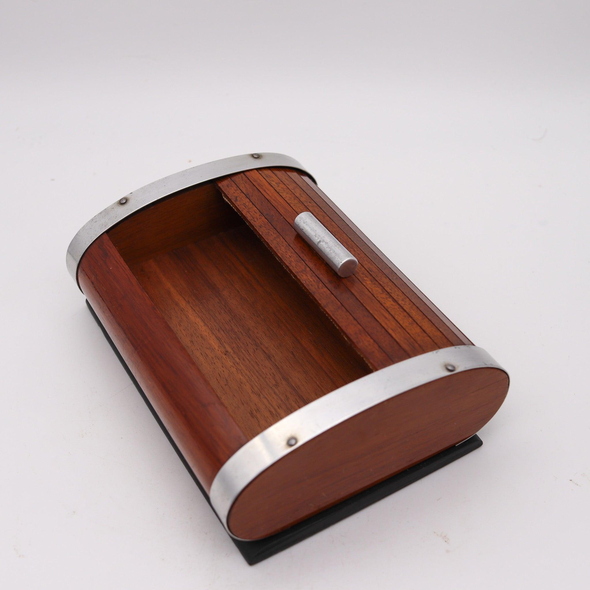 Francese LANCEL PARIS 1937 Art Deco Scatola da scrivania a rullo meccanica in Wood & Chrome Steele in vendita