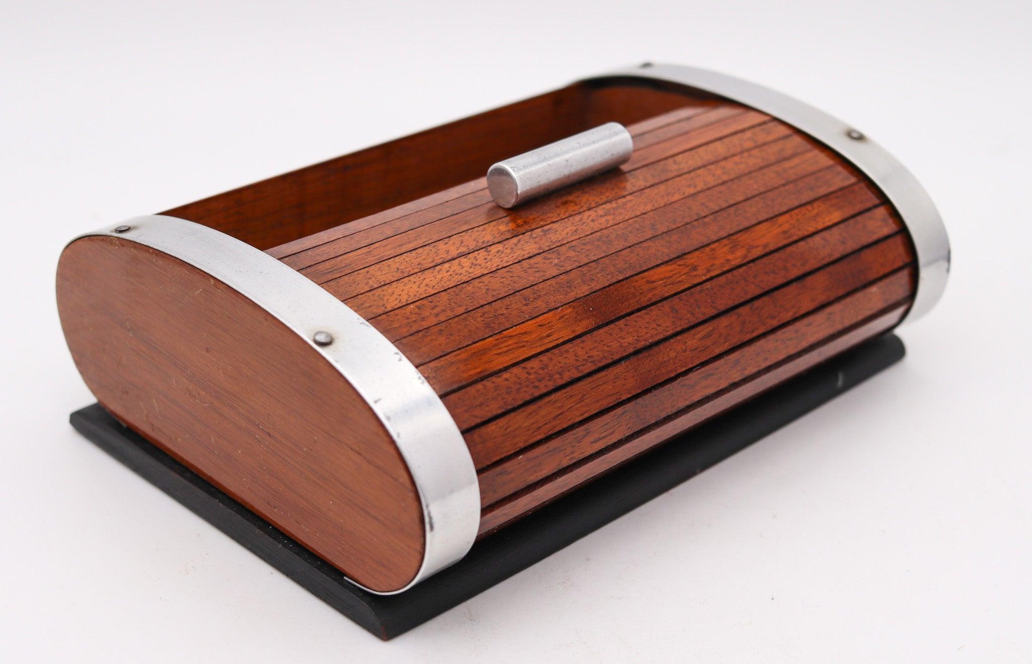 Fatto a mano LANCEL PARIS 1937 Art Deco Scatola da scrivania a rullo meccanica in Wood & Chrome Steele in vendita