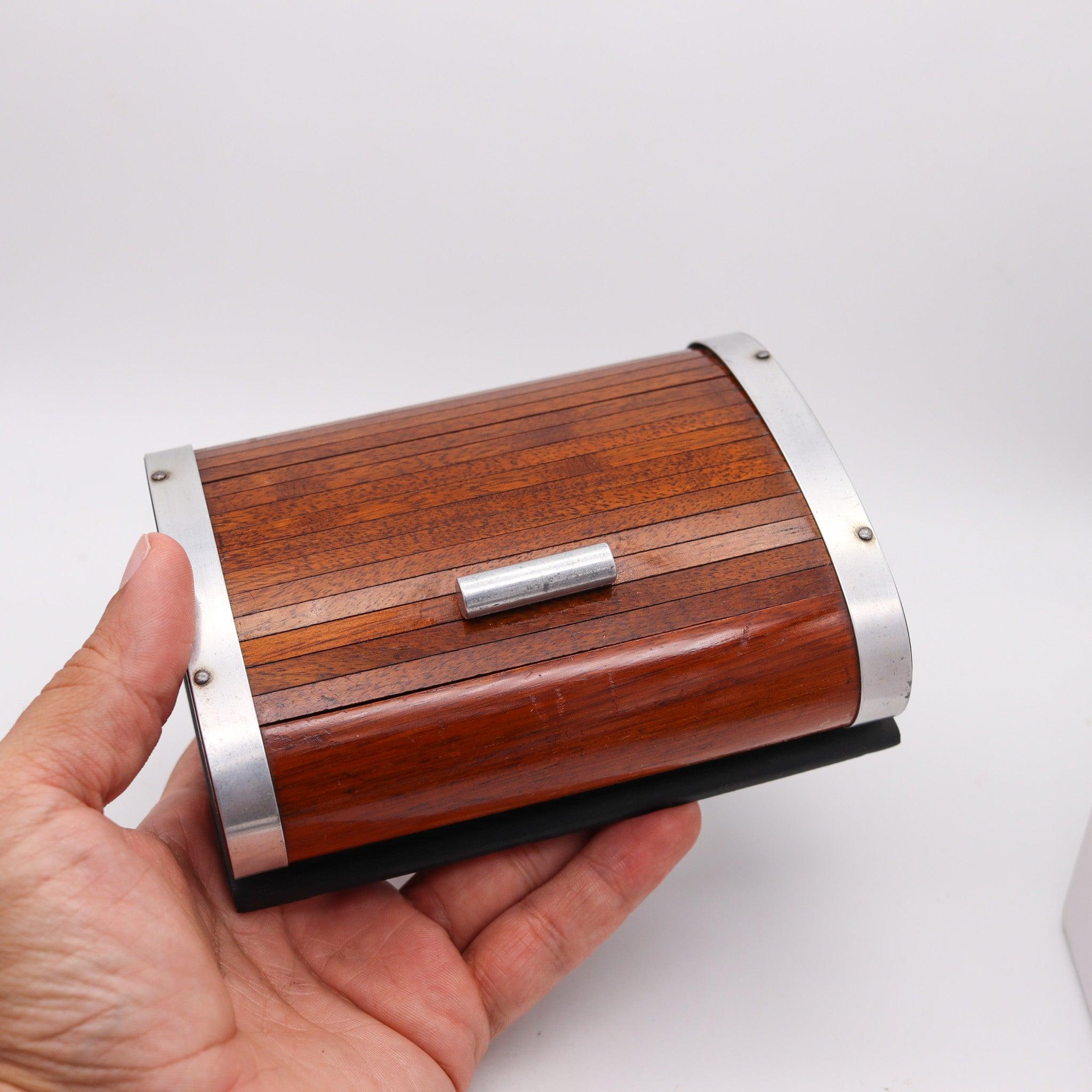 Metà XX secolo LANCEL PARIS 1937 Art Deco Scatola da scrivania a rullo meccanica in Wood & Chrome Steele in vendita