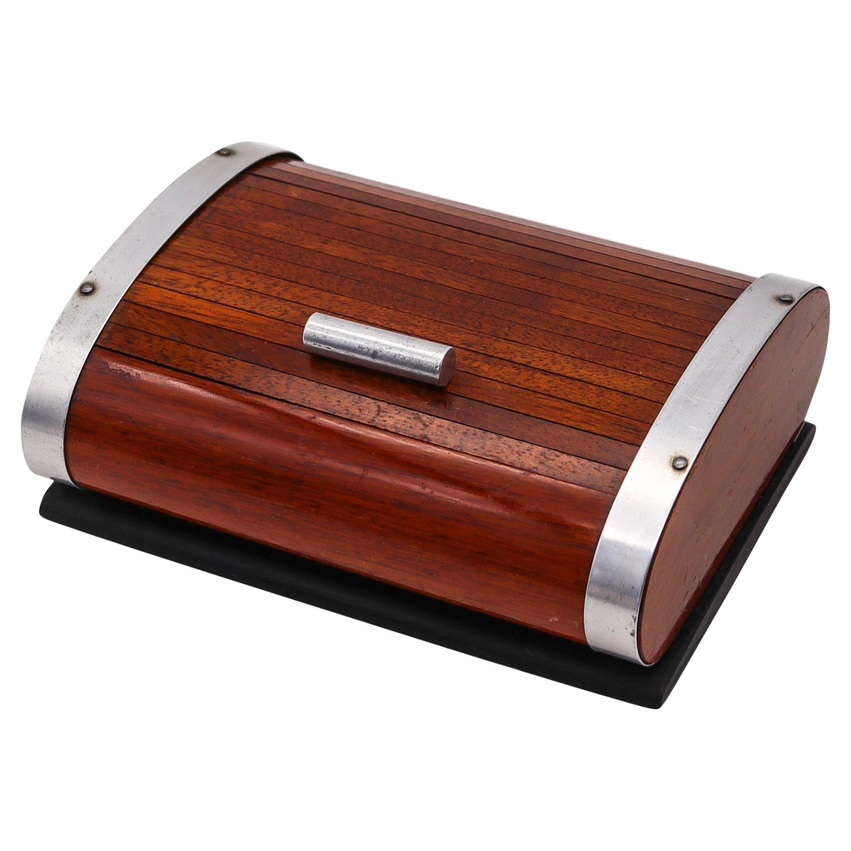 LANCEL PARIS 1937 Art Deco Scatola da scrivania a rullo meccanica in Wood & Chrome Steele