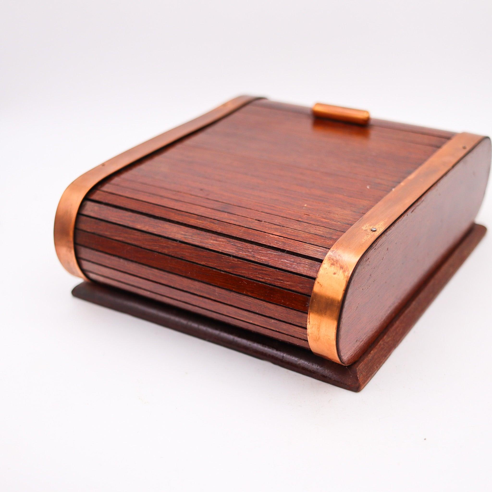 French LANCEL PARIS 1937 Art Deco Mechanical Roller Desk Box Mahogany Wood & Copper For Sale