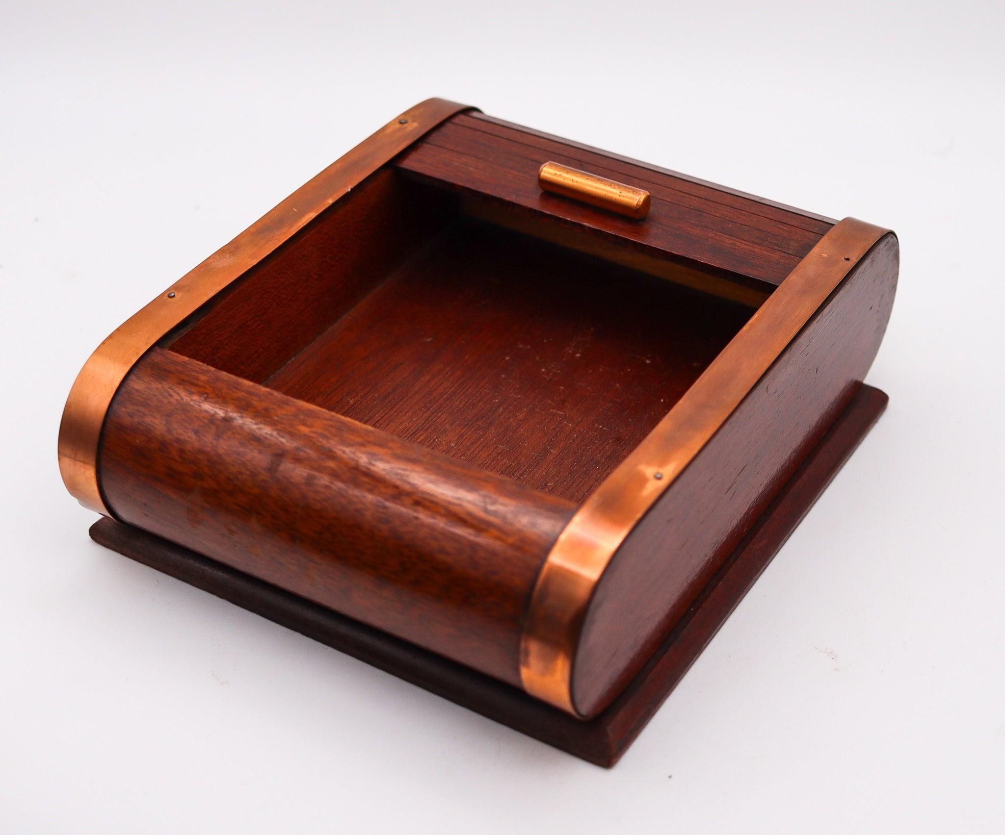 Hand-Crafted LANCEL PARIS 1937 Art Deco Mechanical Roller Desk Box Mahogany Wood & Copper For Sale