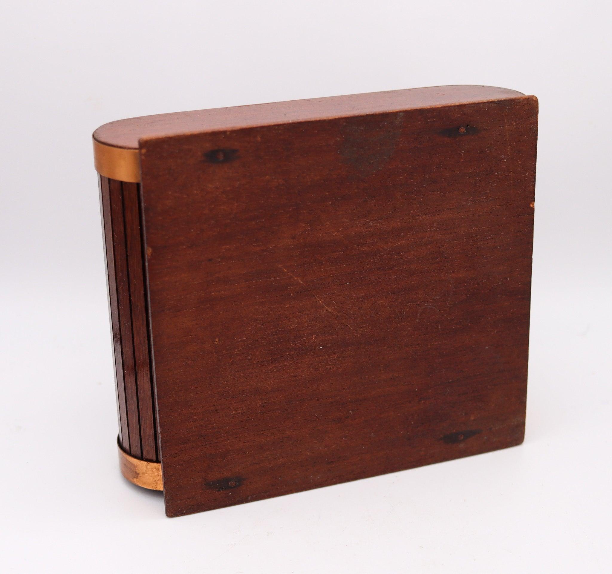 LANCEL PARIS 1937 Art Deco Mechanical Roller Desk Box Mahogany Wood & Copper In Excellent Condition For Sale In Miami, FL