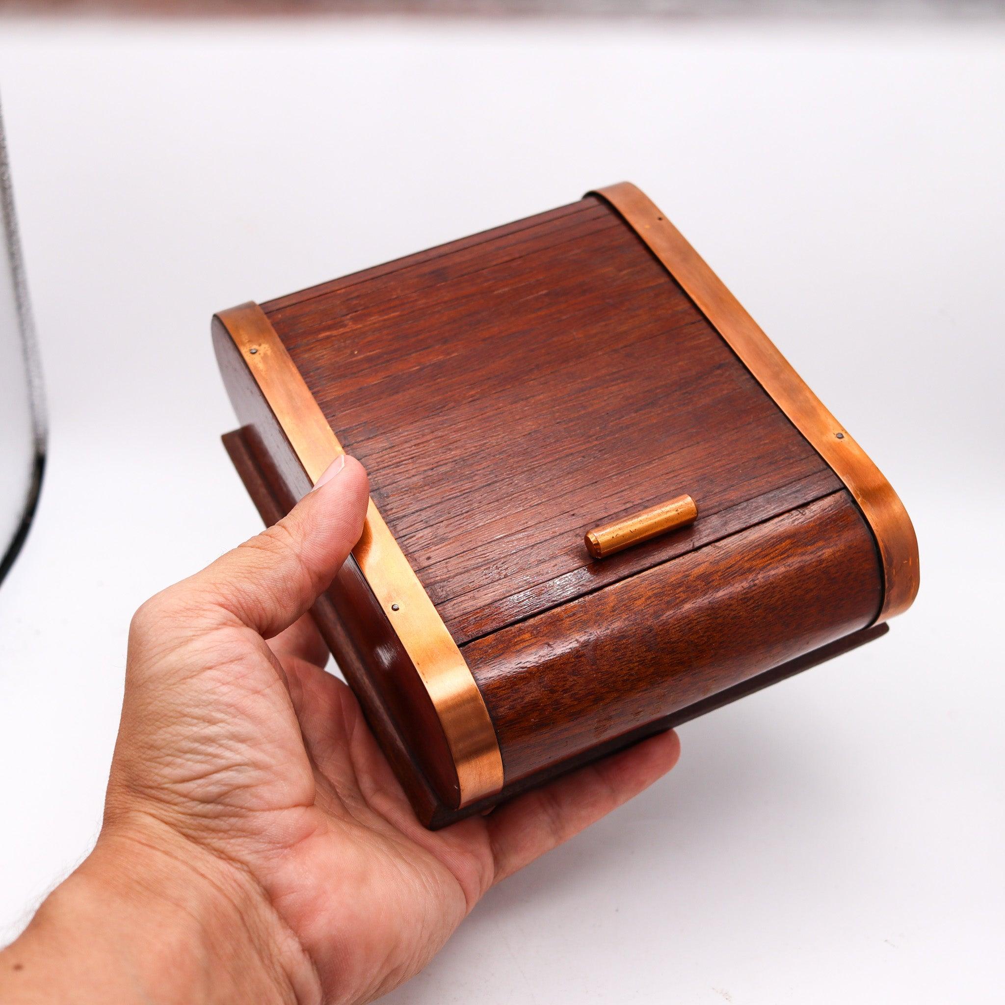 Mid-20th Century LANCEL PARIS 1937 Art Deco Mechanical Roller Desk Box Mahogany Wood & Copper For Sale